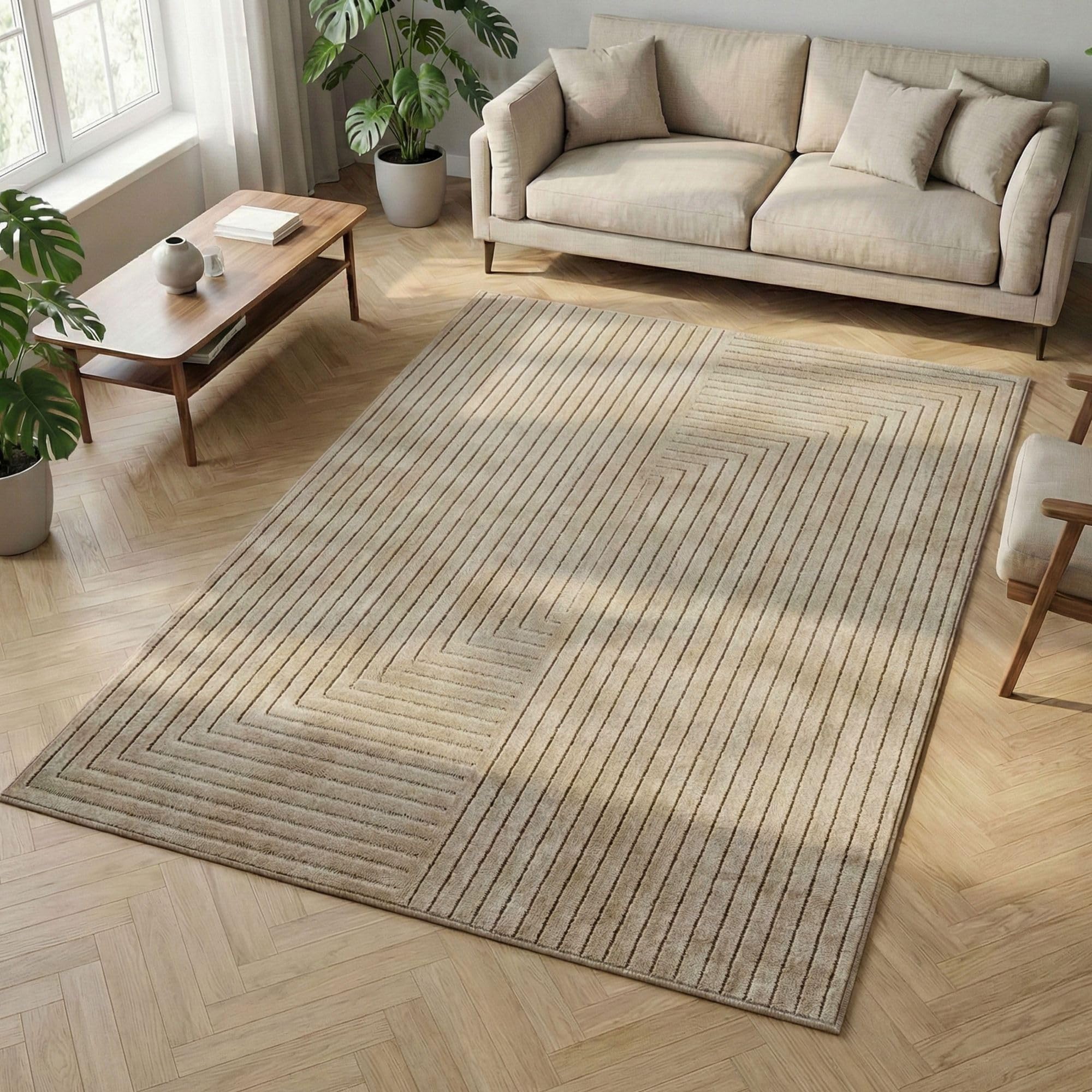 Carpetsale24 Kurzflor Teppich Beige Wohnzimmer Schlafzimmer 3D Hoch-Tief-Effekt, Skandinavisch Boho Motiv, für Outdoor Bereich geeignet Terrassen oder im Balkon