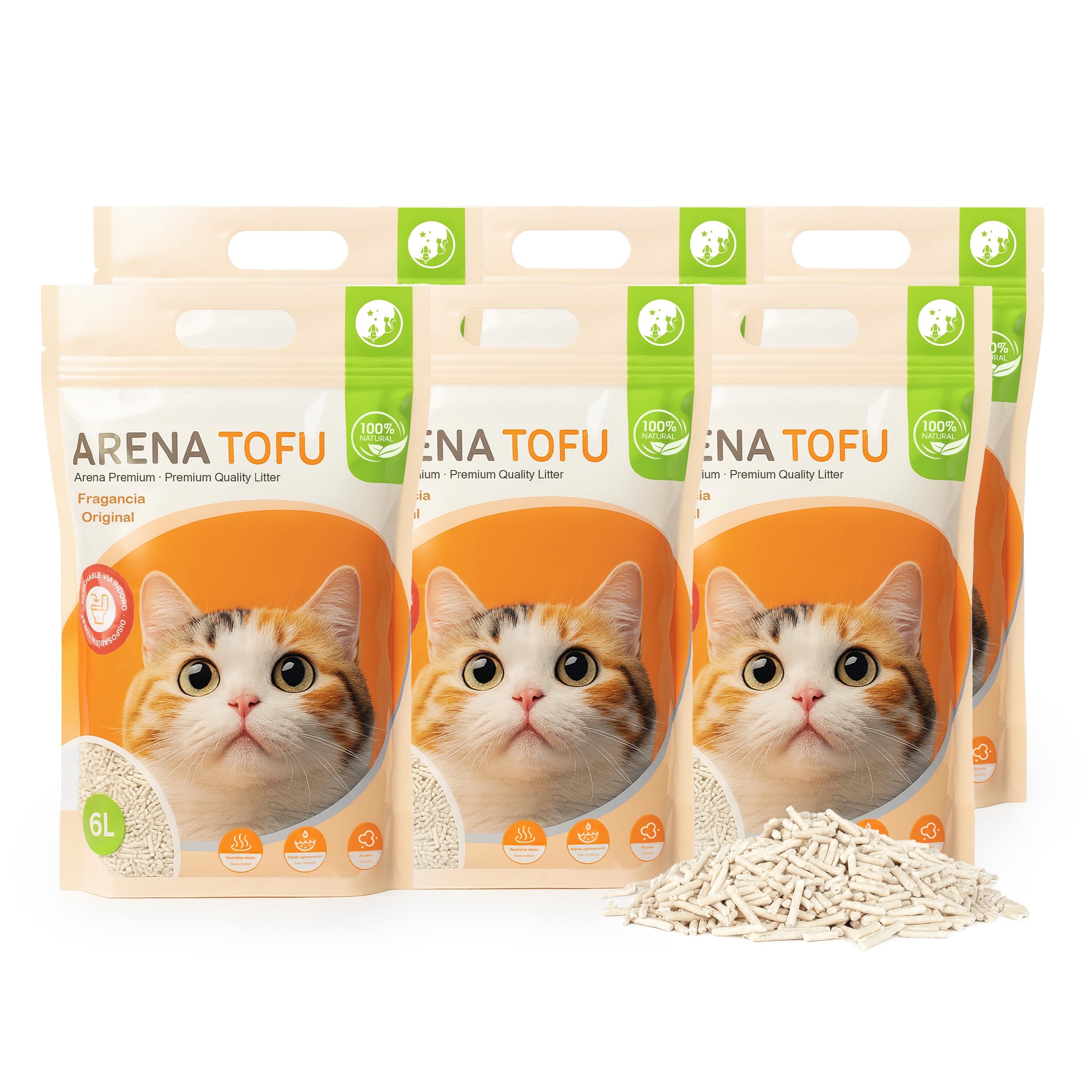 BESCH Pack 6 Arena de Tofu Aglomerante para Gatos 6L– 100% Natural, Biodegradable, Control de Olores y Bajo Polvo