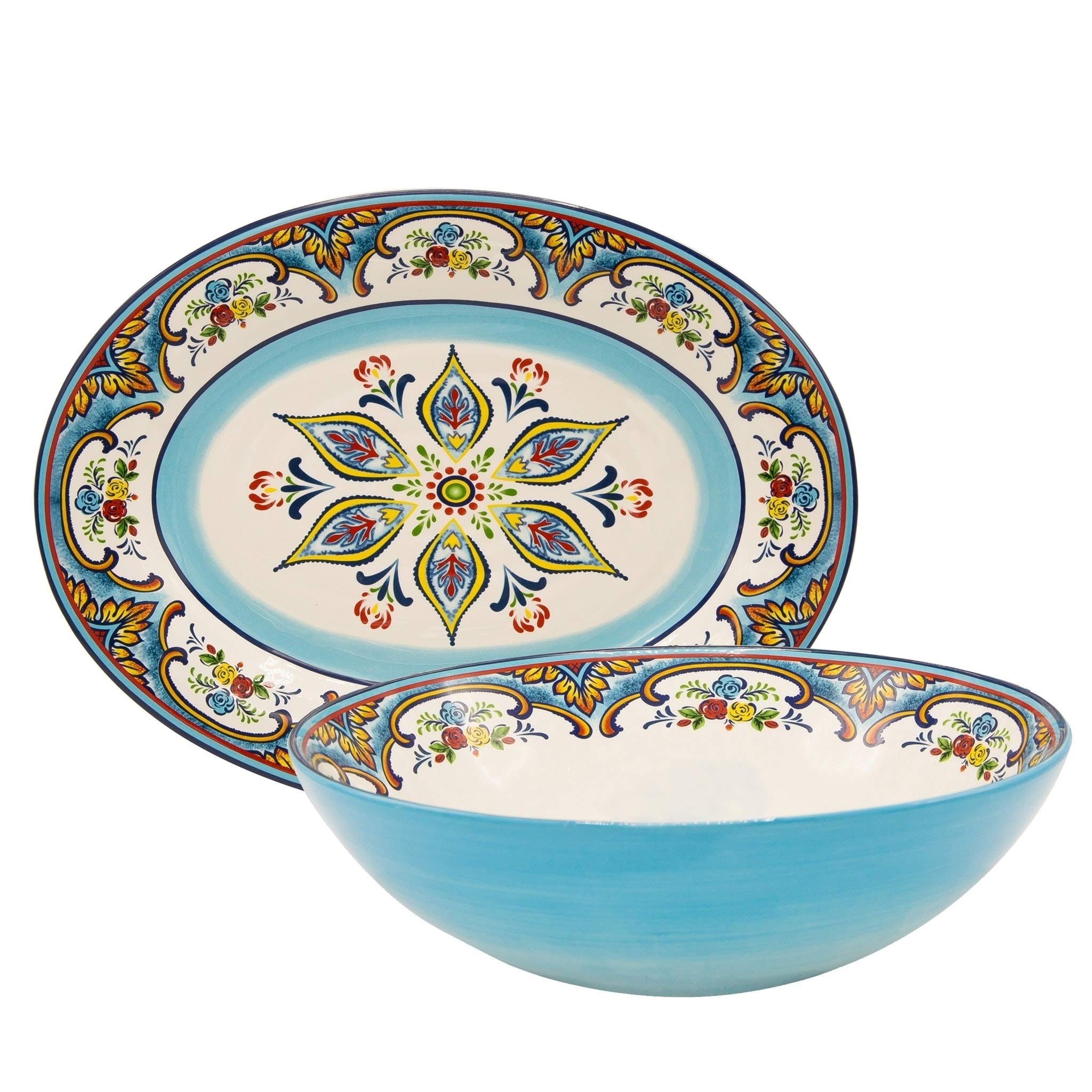 Euro 2-Piece Serving Set Platter and Bowl Multi Color Floral Ceramic 2 Piece Dishwasher Safe Microwave