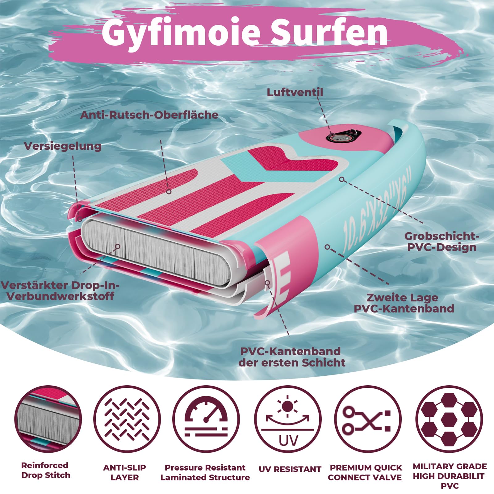 Gyfimoie Tabla de surf de remo de 325 cm, hinchable, con soporte universal para cámara, accesorios completos, remo ajustable, para principiantes, avanzados