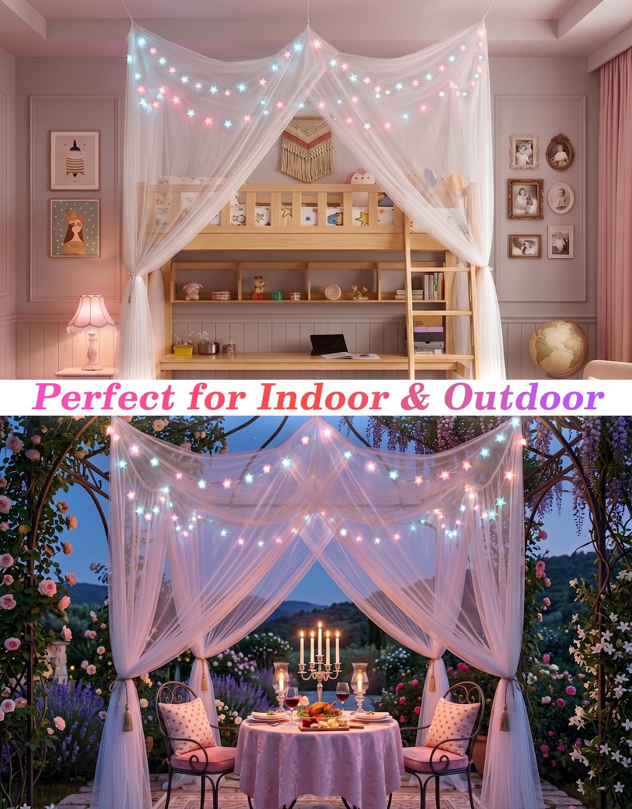 Betthimmel mit RGB-Lichterkette für Queen-Size-Bett, Doppelbett, 8 Ecken, weißer Baldachin, Bettvorhänge, Moskitonetz mit Lichtern, Fernbedienung, Timer für Kinder, Erwachsene, Innenbereich