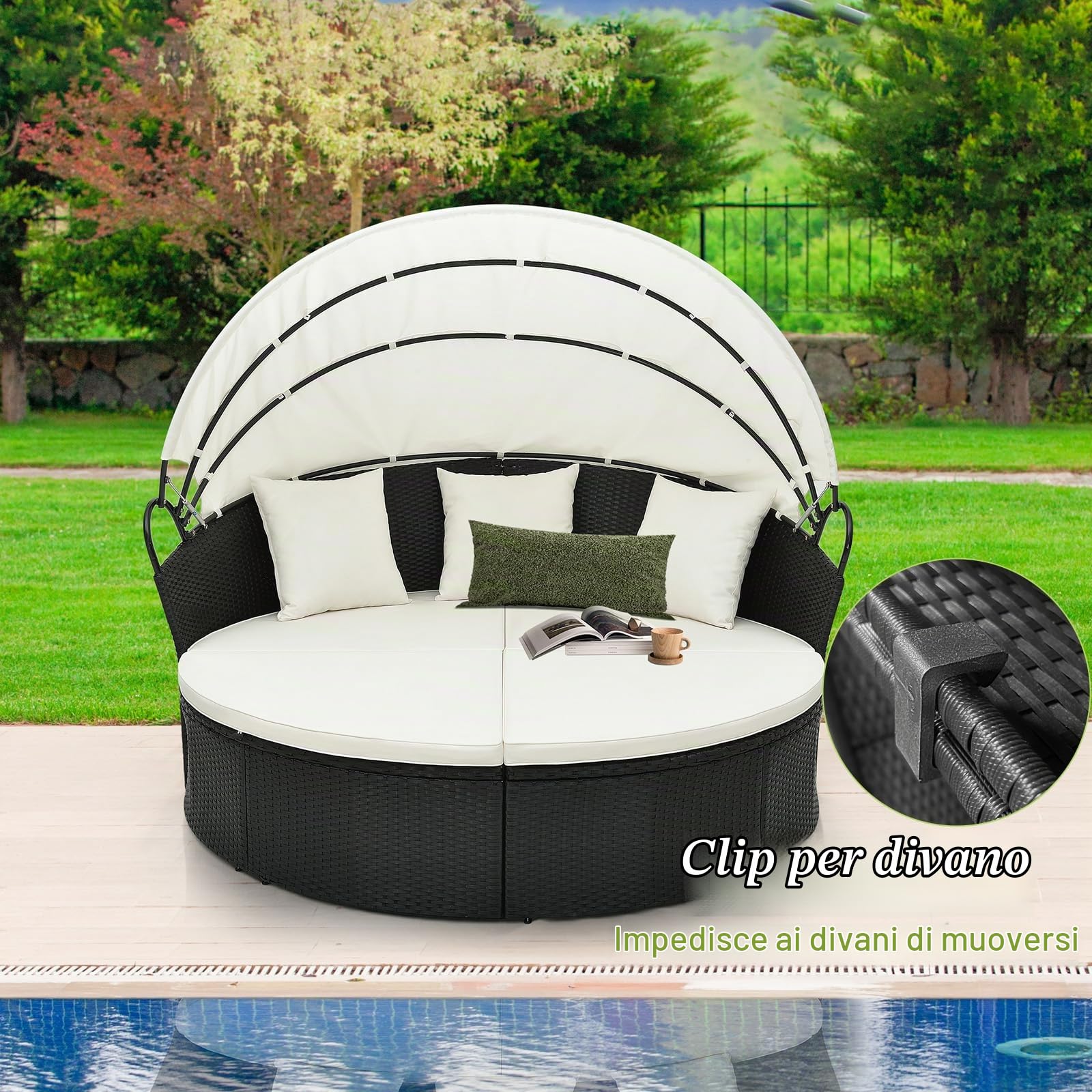 LIFEZEAL Set Giardino da Esterno in Rattan PE, Divano Rotondo in 4 Pezzi con Cuscini, Lounge Letto Matrimoniale con Tettuccio Parasole, Lettino Prendisole Max 360kg per Piscina e Cortile, 168x180x157