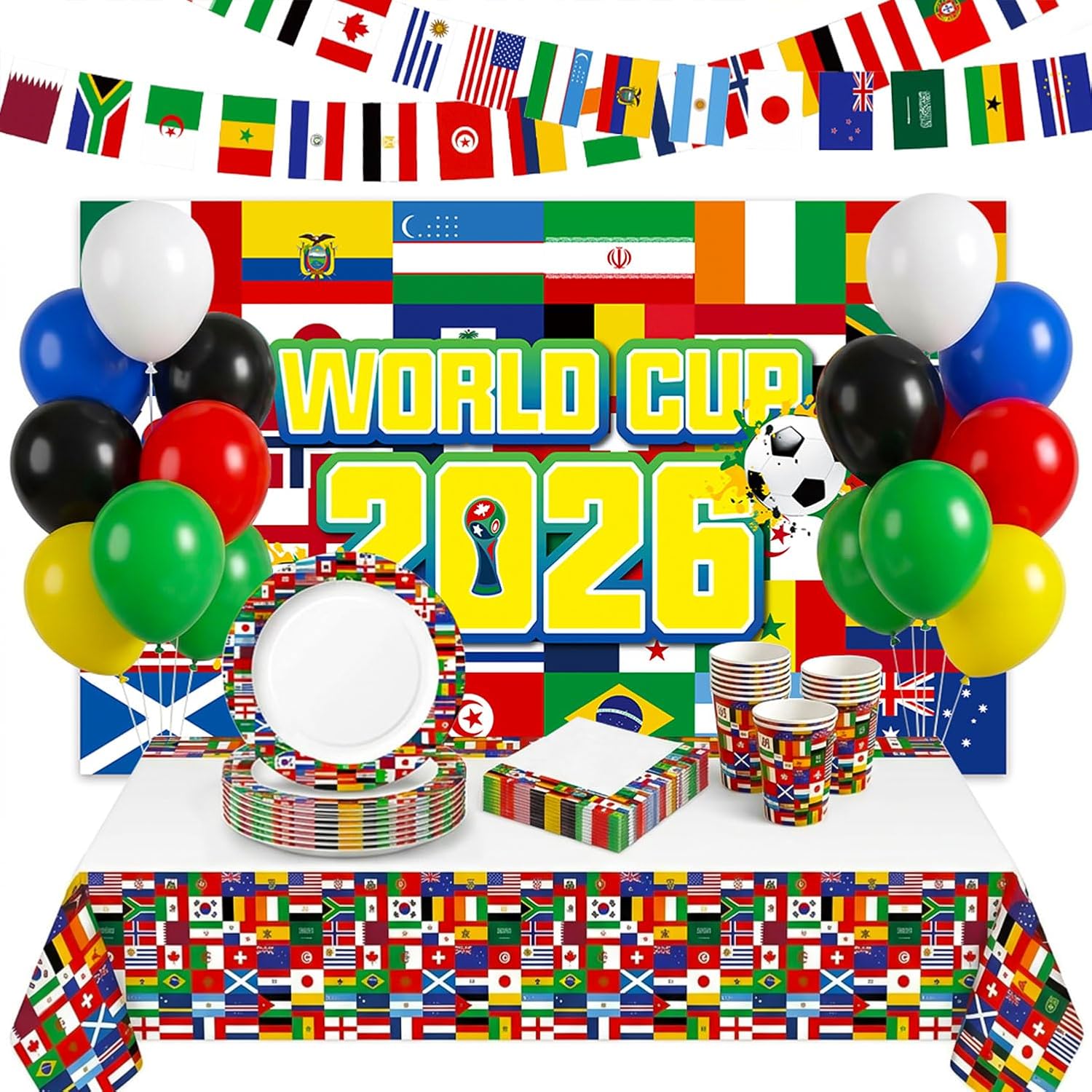 International World Flags Party Decorations Serve 24, 93-Pcs 2026 World Cup Party Supplies Disposable Plates Napkins Cups Tablecloth Banner Backdrop Balloons for Kids & Adults