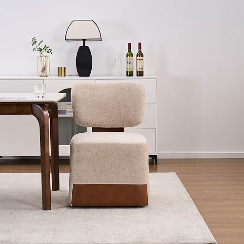 Miniatura 9 de Silla de comedor tapizada de lino sin brazos con ruedas para cocina, oficina, escritorio y juegos de mesa y sillas, beige