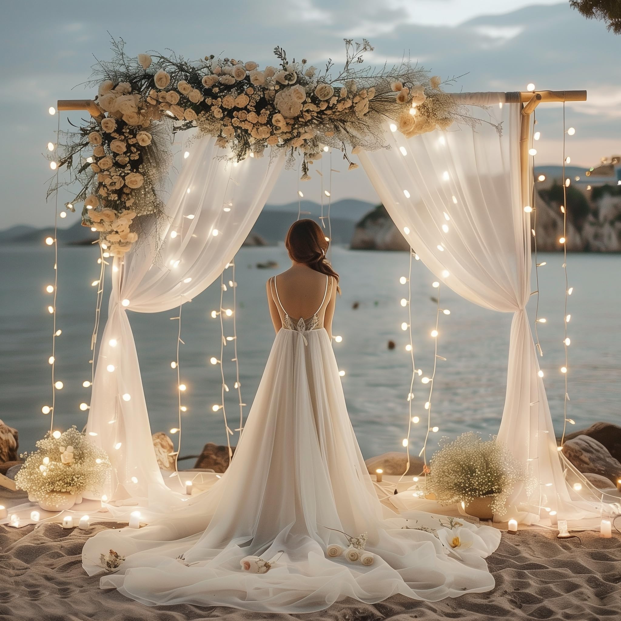Fomcet Lot de 2 rideaux en tulle blanc de 3 x 3 m avec guirlandes lumineuses pour fêtes, mariage, anniversaire, fête prénatale, séance photo (2 panneaux, 1,5 x 3 m)