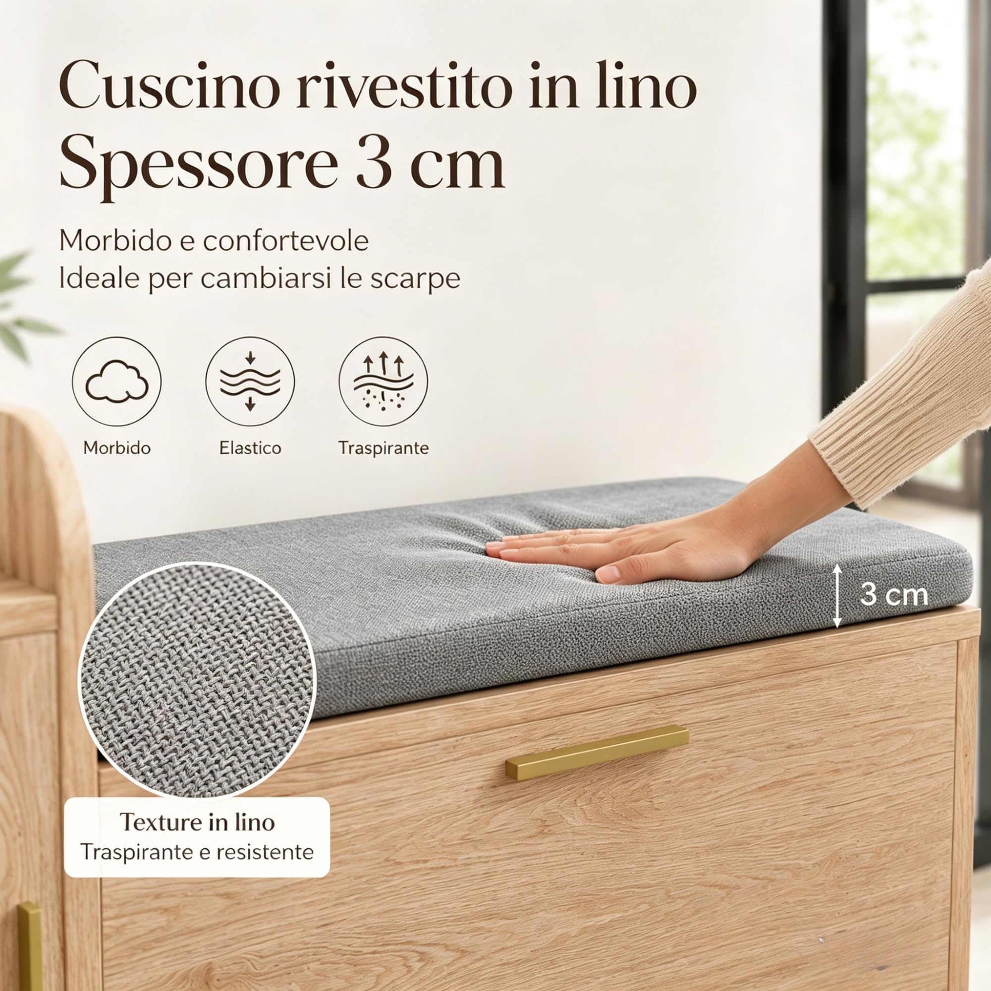 Panca Scarpiera con Contenitore, Scarpiera con seduta e 2 ante, Mobile Scarpieras Salvaspazio in Legno e Tessuto Effetto Lino per ingresso, corridoio, soggiorno, 100x30x69,5cm