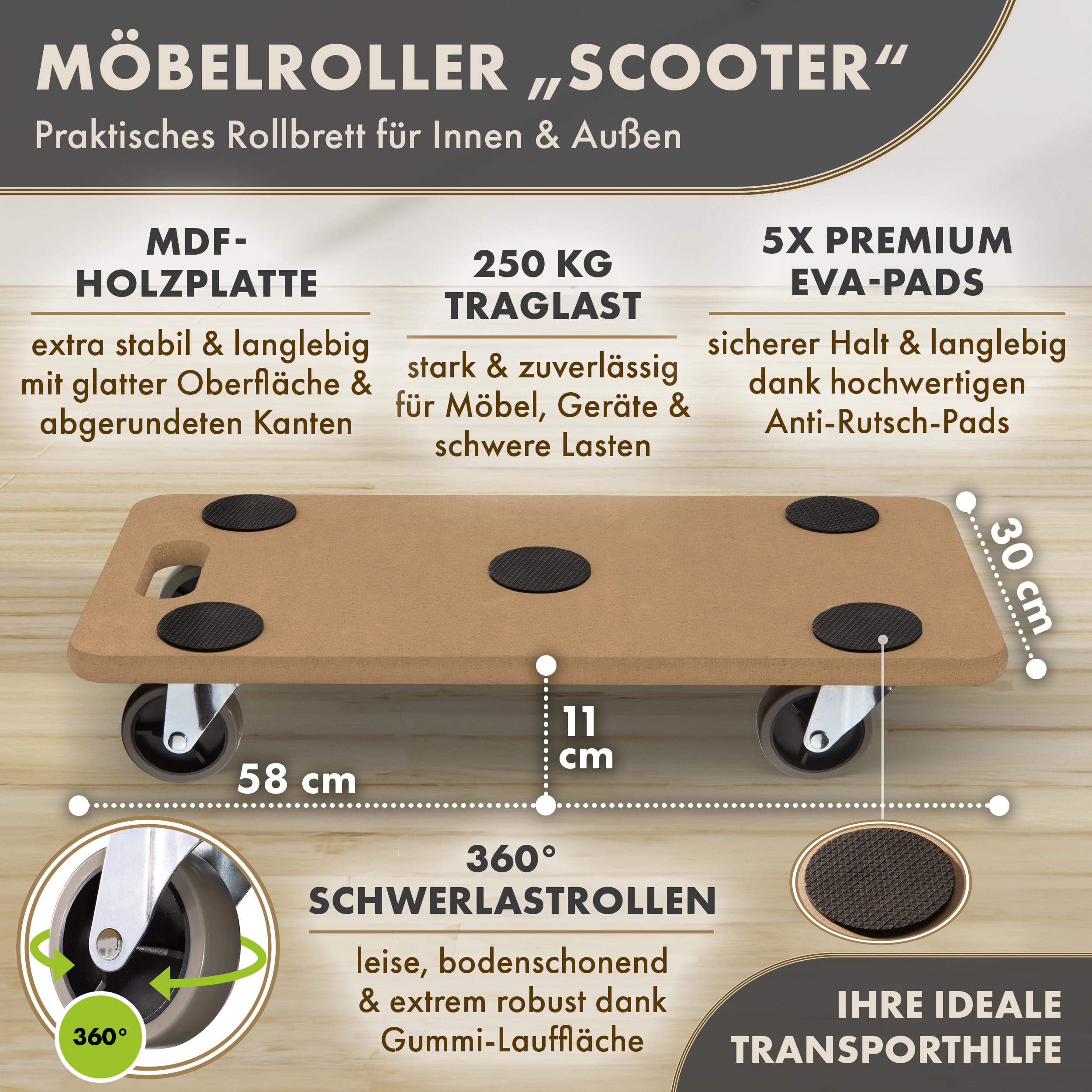 TTL HOME Scooter pour meubles 58x30x11 cm - Capacité de charge 250 kg Planche à roulettes & Chariot de transport avec roues en caoutchouc pivotantes à 360° & 5 patins antidérapants - Chariot robuste