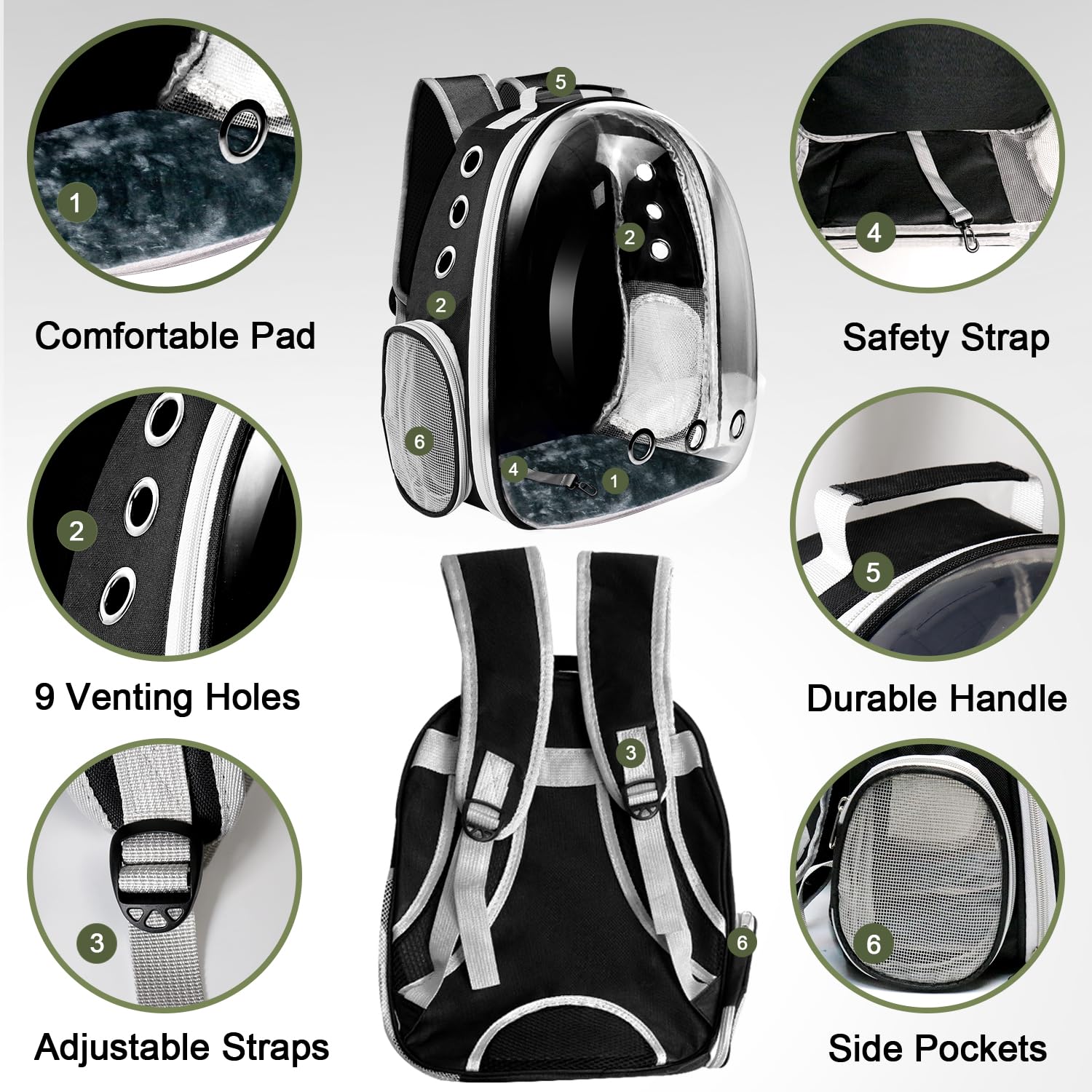 Mochila transportadora para gatos, mochila transportadora para mascotas para gatos pequeños y medianos, bolsa de transporte para perros, cápsula espacial, transportadora para mascotas (negro)