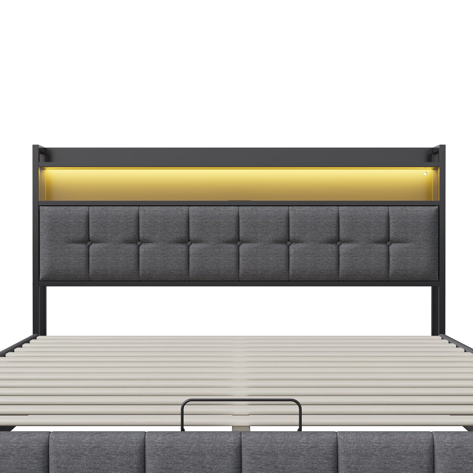 Letto imbottito 140 x 190 cm con spazio e rete a doghe, letto matrimoniale idraulico con funzione di ricarica USB e testiera LED, per adulti e ragazzi (nero+lino, 140 x 190 cm)