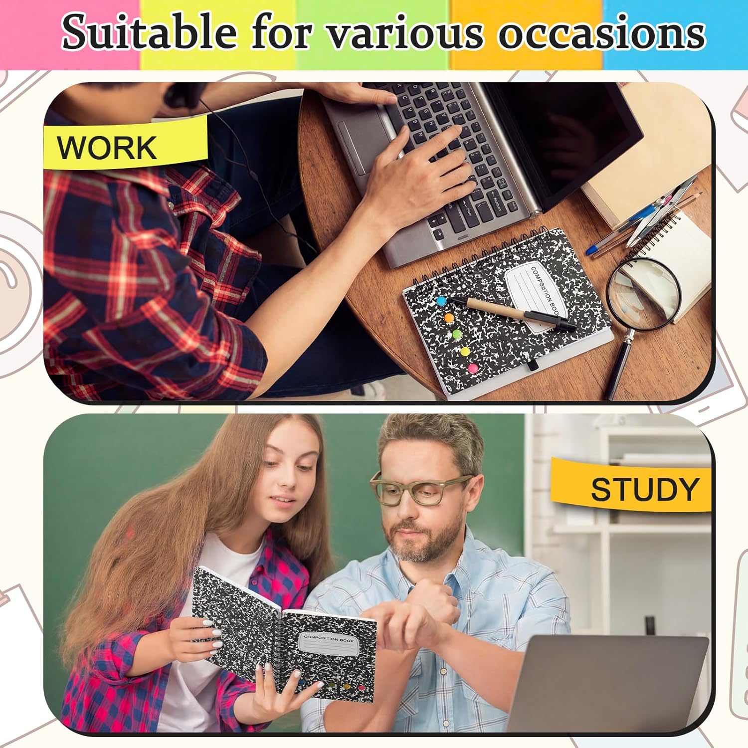 Qilery 30 Pack Composition Lined Spiral Notebook Small Notepad and Pen Set Steno Pads Lined Notepad Black Pocket Notebook for Business Office School Supplies