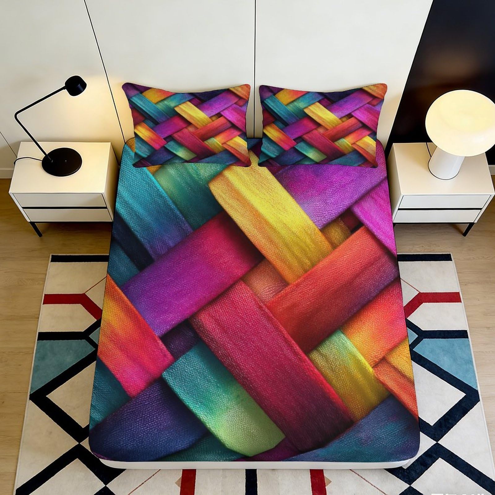 Dhbaneiok Style-2 3D Printed Colorful Woven Pattern Fitted Sheet Microfiber Soft Rainbow Geometric Bed Cover For Bedroom Dorm Decor 90X200x25cm
