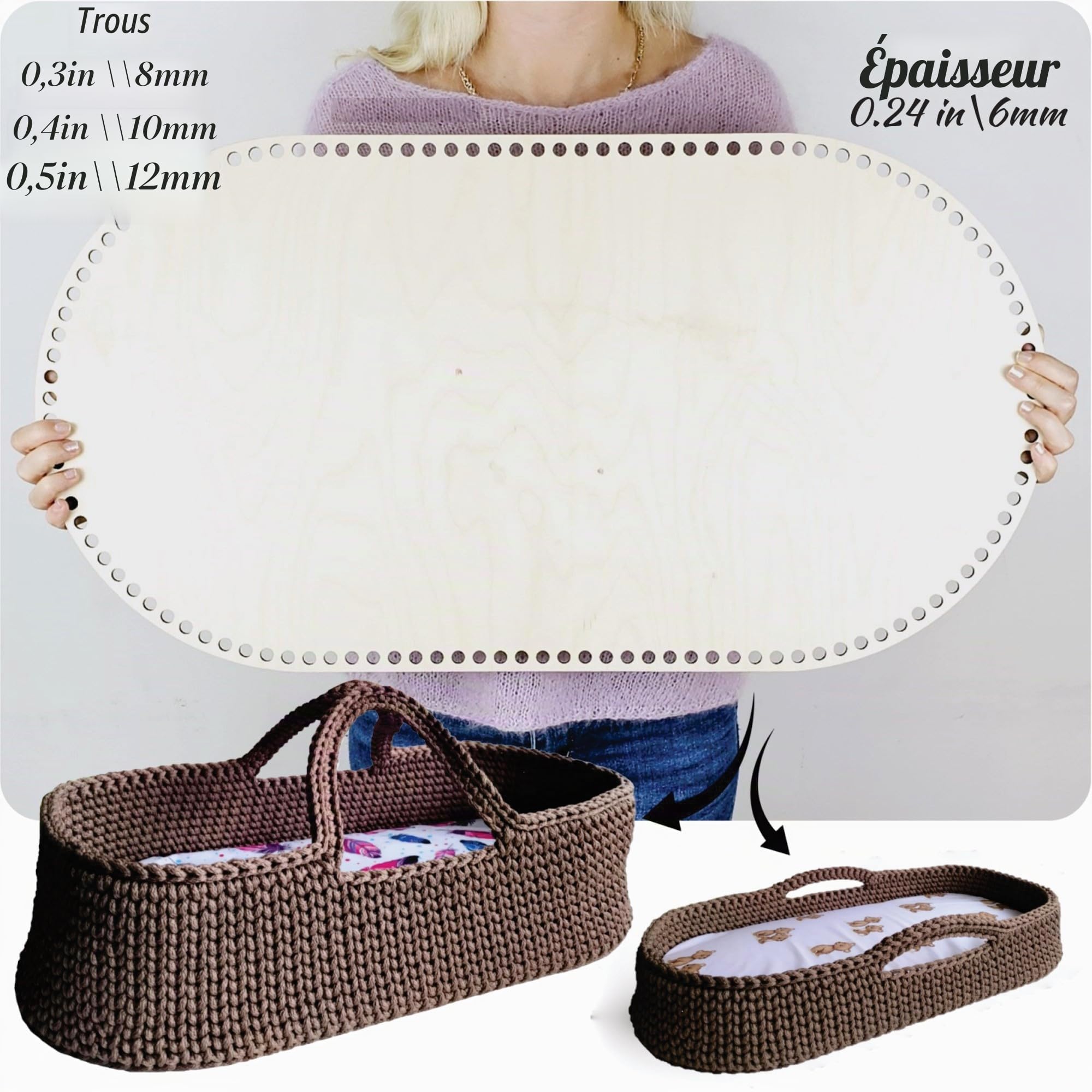 Base Ovale en Bois pour Panier Moïse au Crochet, Fond pour Couffin au Crochet, Trous de 10 mm, 85x50cm