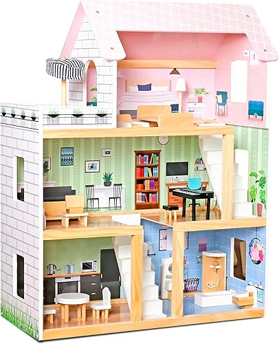 Miniatura 18 de Lil' Jumbl Casa de muñecas de madera para niños, accesorios y muebles de 17 piezas, con balcón y escaleras, juguete de casa de muñecas de 3 pisos