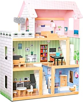 Lil Jumbl Kids Wooden Dollhouse, 17-Piece Accessories & Furniture are Included, with Balcony & Stairs, 3 Story Easy to Assemble Doll House Toy - Pink