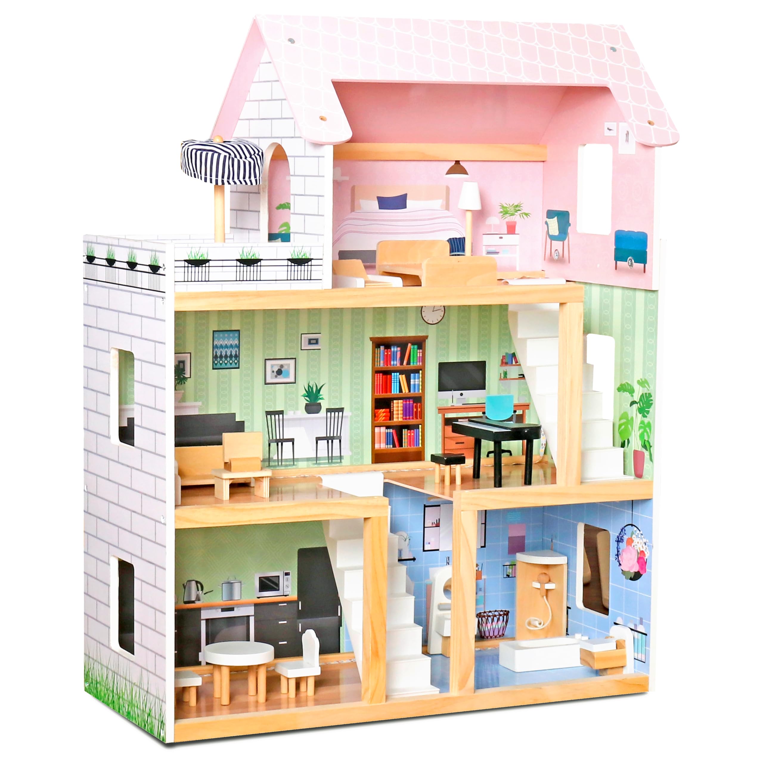 Lil' Jumbl Kids Wooden Dollhouse, 17-Piece Accessories & Furniture are Included, with Balcony & Stairs, 3 Story Easy to Assemble Doll House Toy - Pink