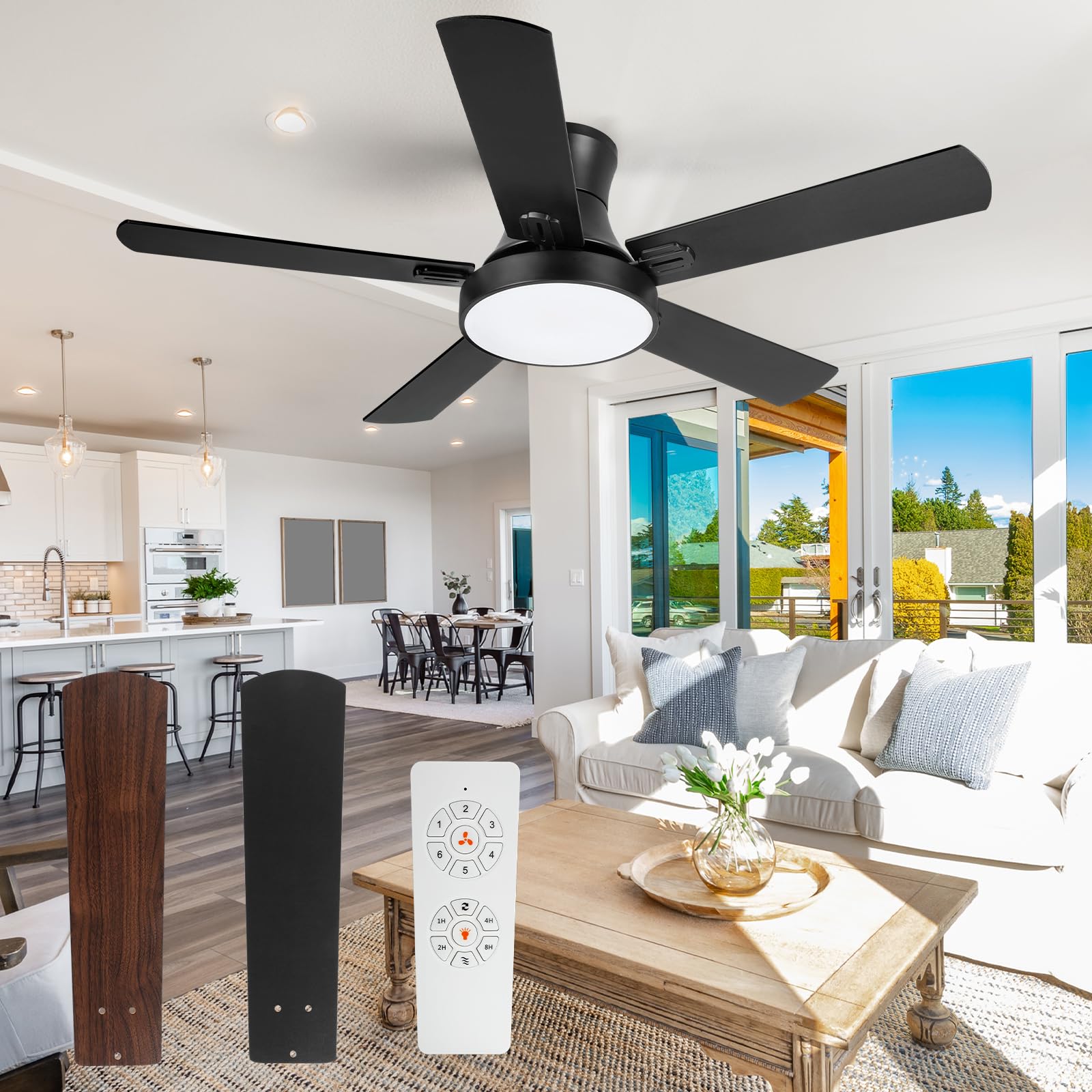 Ceiling Fans with Lights, 52" Flush Mount Ceiling Fans with Lights and Remote, 6 Speeds DC Reversible Motor, Timing, 3 Color Temperature Black Ceiling Fan for Bedroom Indoor Outdoor Use