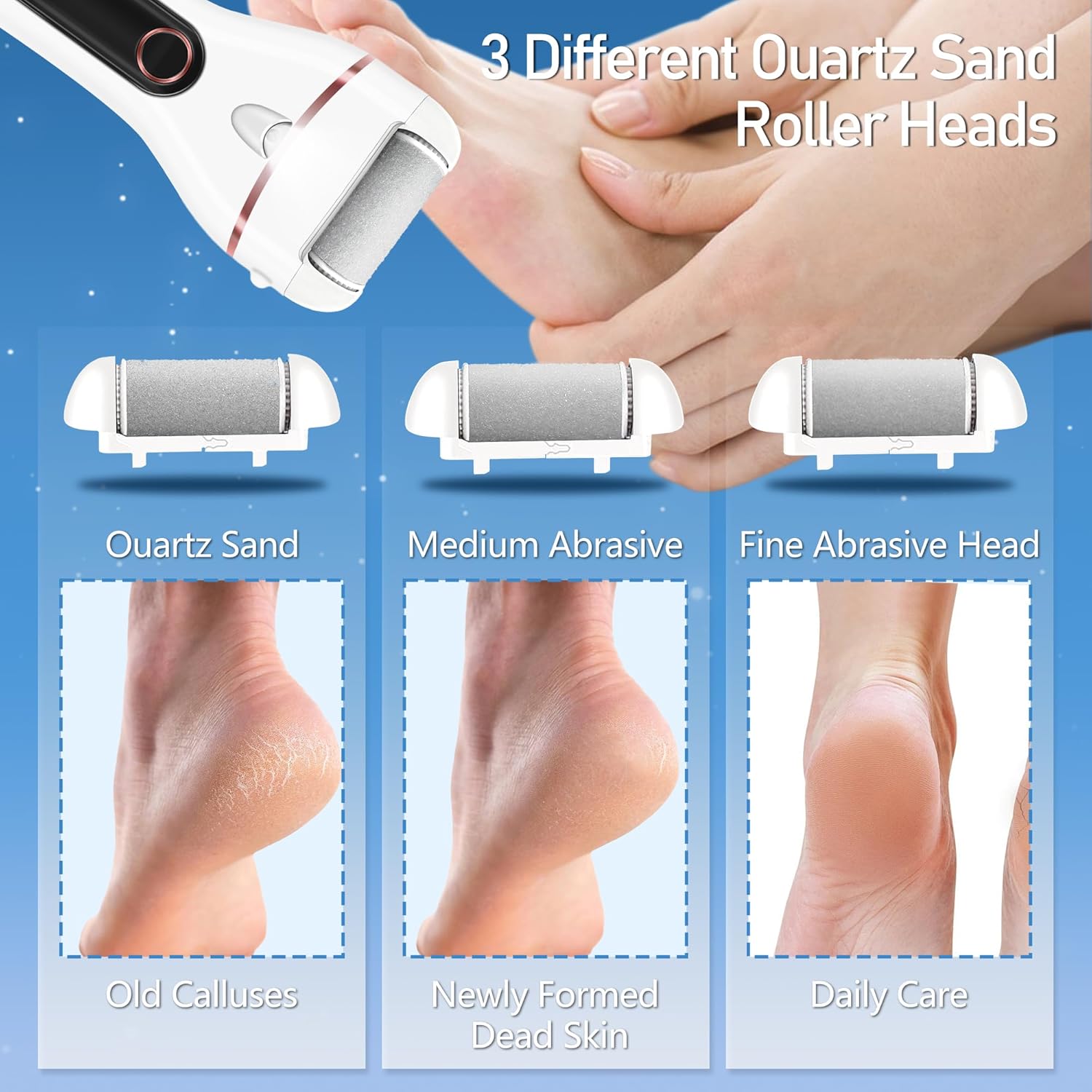 Callus Remover for Feet, Electric Foot Callus Remover Waterproof with 3 Rollers 2 Speed Battery Display,17 in1 Rechargeable Foot File Pedicure Kits for Dead Hard Cracked Dry Skin（White - Image 3
