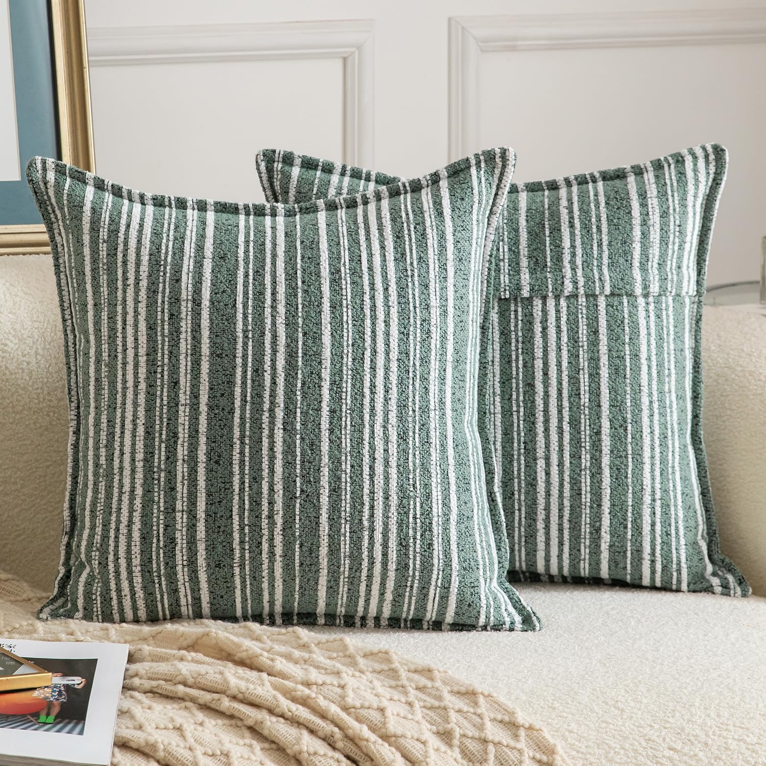 Madizz Decorative Boucle Mint Green Cushion Covers 60x60 cm Pack of 2 Throw Pillows for Couch Sofa Boho Accent Striped Pillow Cases for Bed Cushion for Bedroom Living Room Modern Home Decor