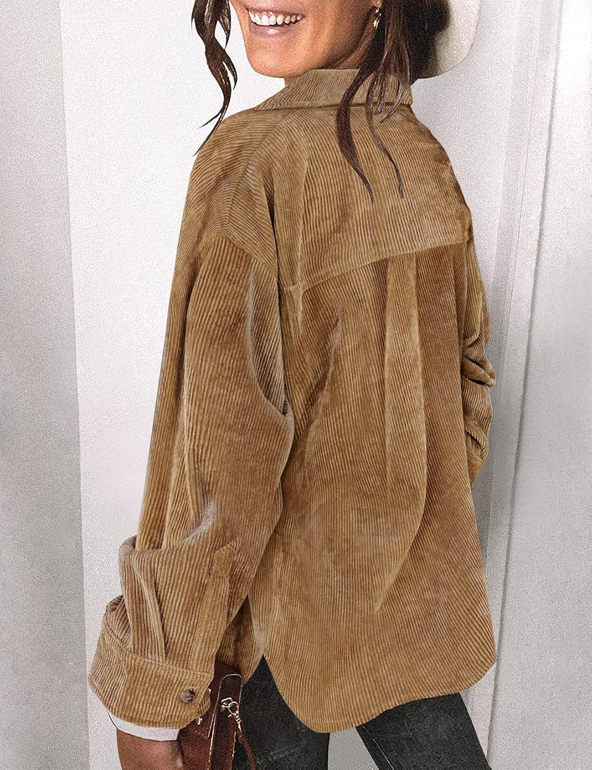 Saslax Womens Corduroy Shirt Long Sleeve Oversized Button Up V Neck Blouses Tops Loose Shacket Jacket - Image 5