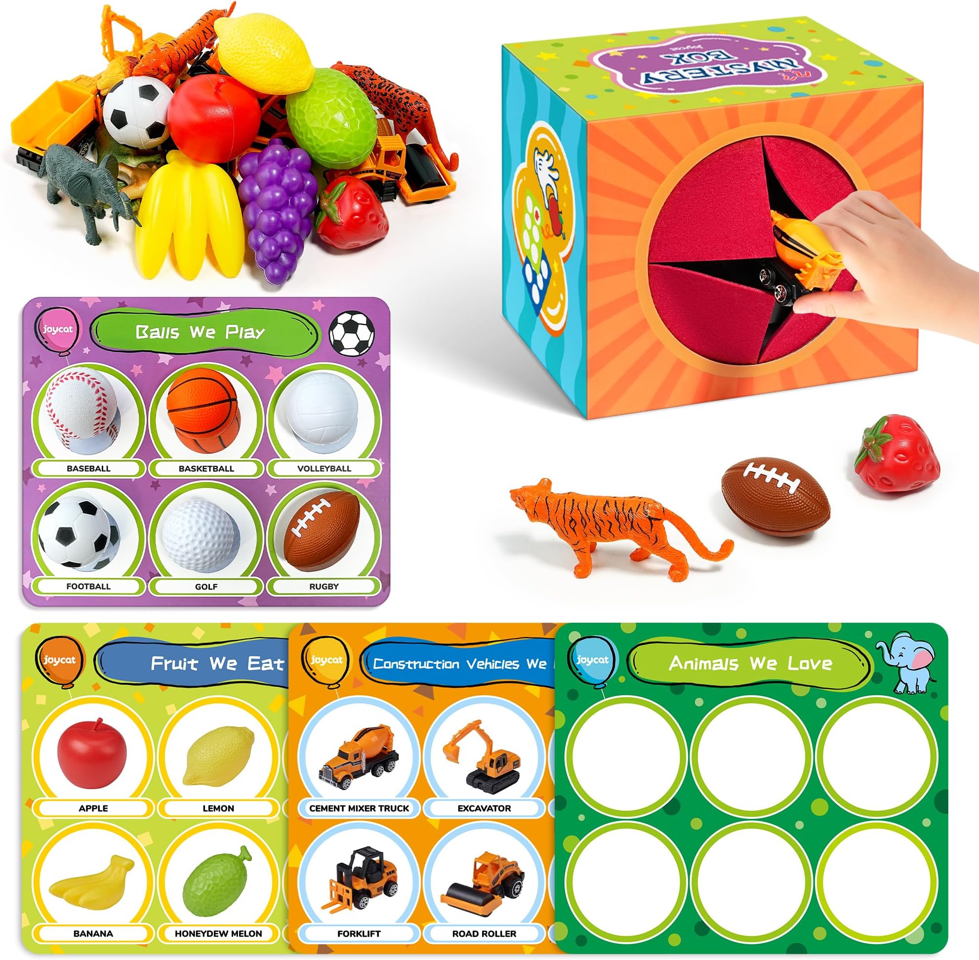 JoyCat Sorting Toys for Toddlers with Mystery Play Box & Play Mats - Autistic Speech Therapy, 24 Fun Toys, Animals, Fruit, Vehicles, Balls Set, Toddler Toy for 3-5, Preschool Educational Learning Gift