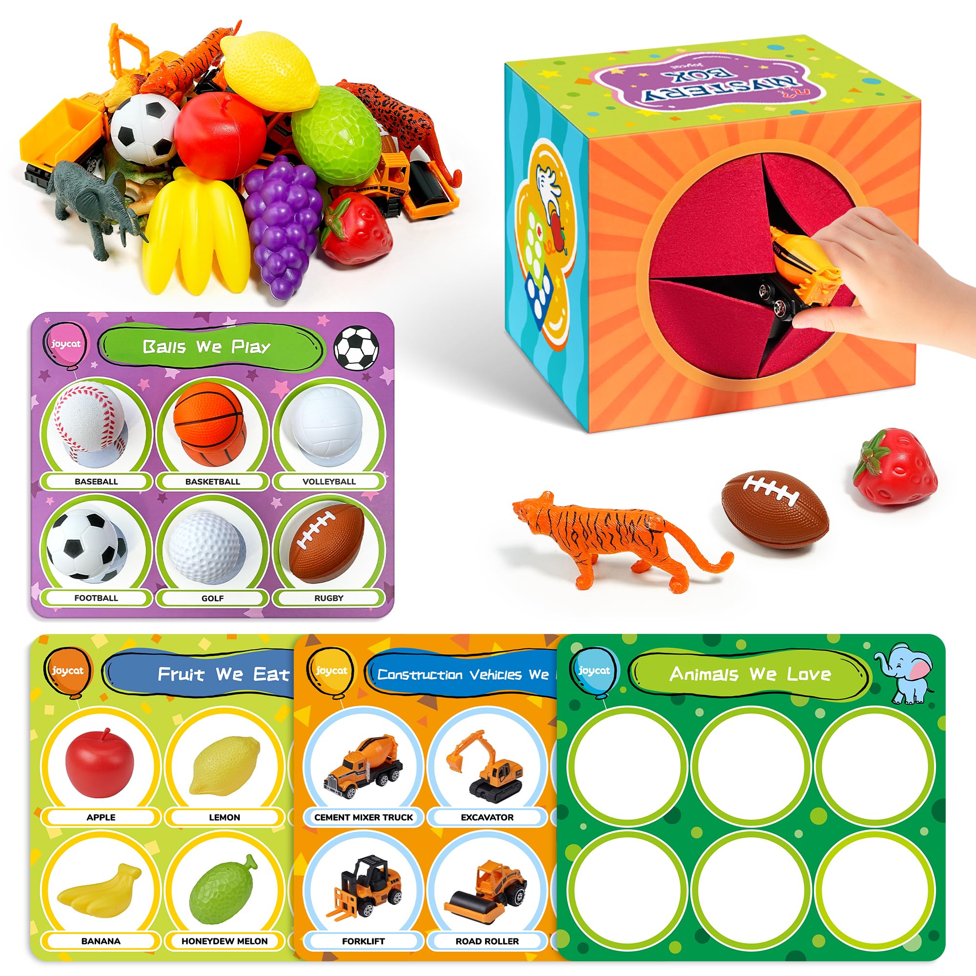 JoyCat Sorting Toys for Toddlers with Mystery Play Box & Play Mats - Autistic Speech Therapy, 24 Fun Toys, Animals, Fruit, Vehicles, Balls Set, Toddler Toy for 3-5, Preschool Educational Learning Gift