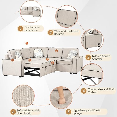 Miniatura 8 de LUMISOL Sofá modular convertible en forma de L de 83 pulgadas con cama extraíble, sofá cama tapizado de lino de 5 plazas con 2 puertos USB, 2