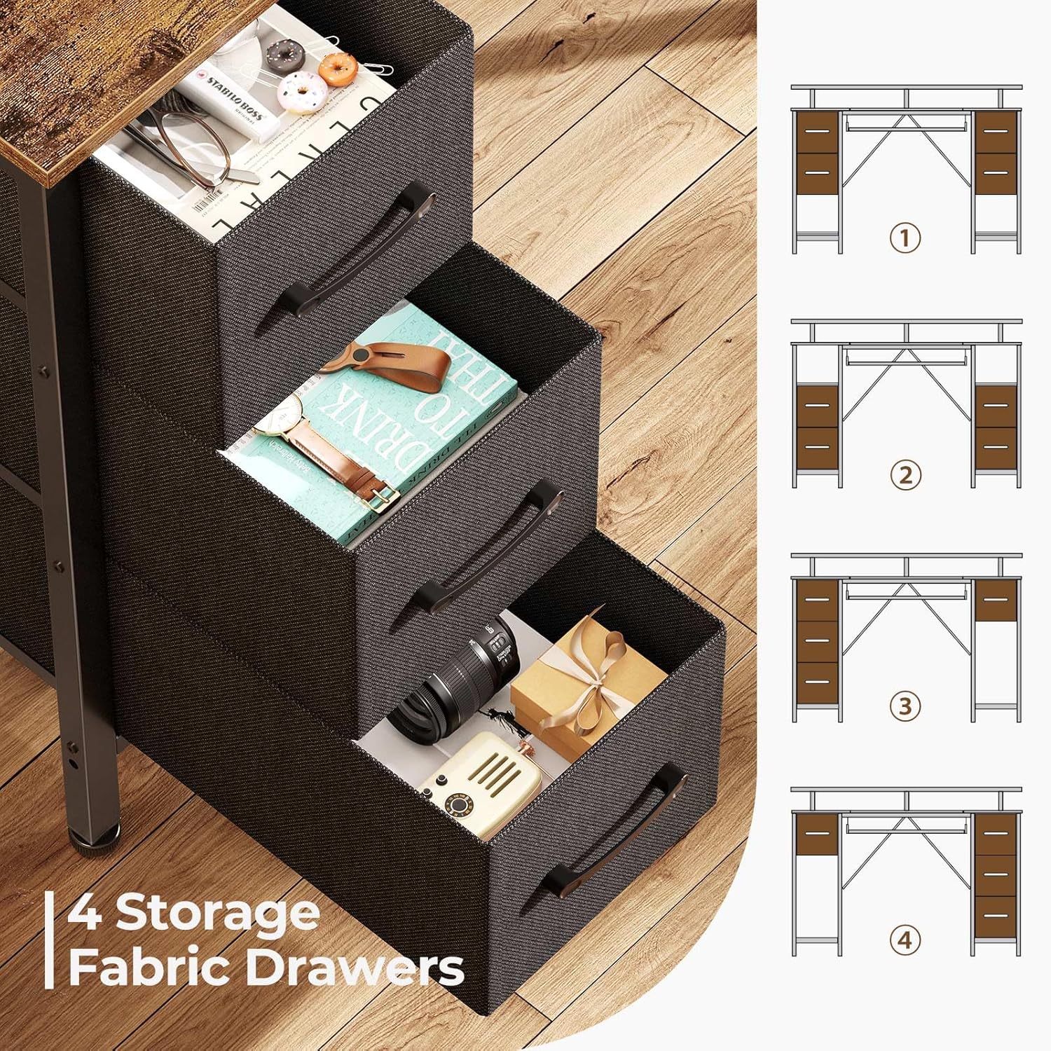 Seventable Computer Desk 55.1" with LED Lights & Power Outlets, Home Office Desk with 4 Drawers, Writing Desk with Keyboard Tray, Study Table with Monitor Stand, Work Table for Office, Rustic Brown