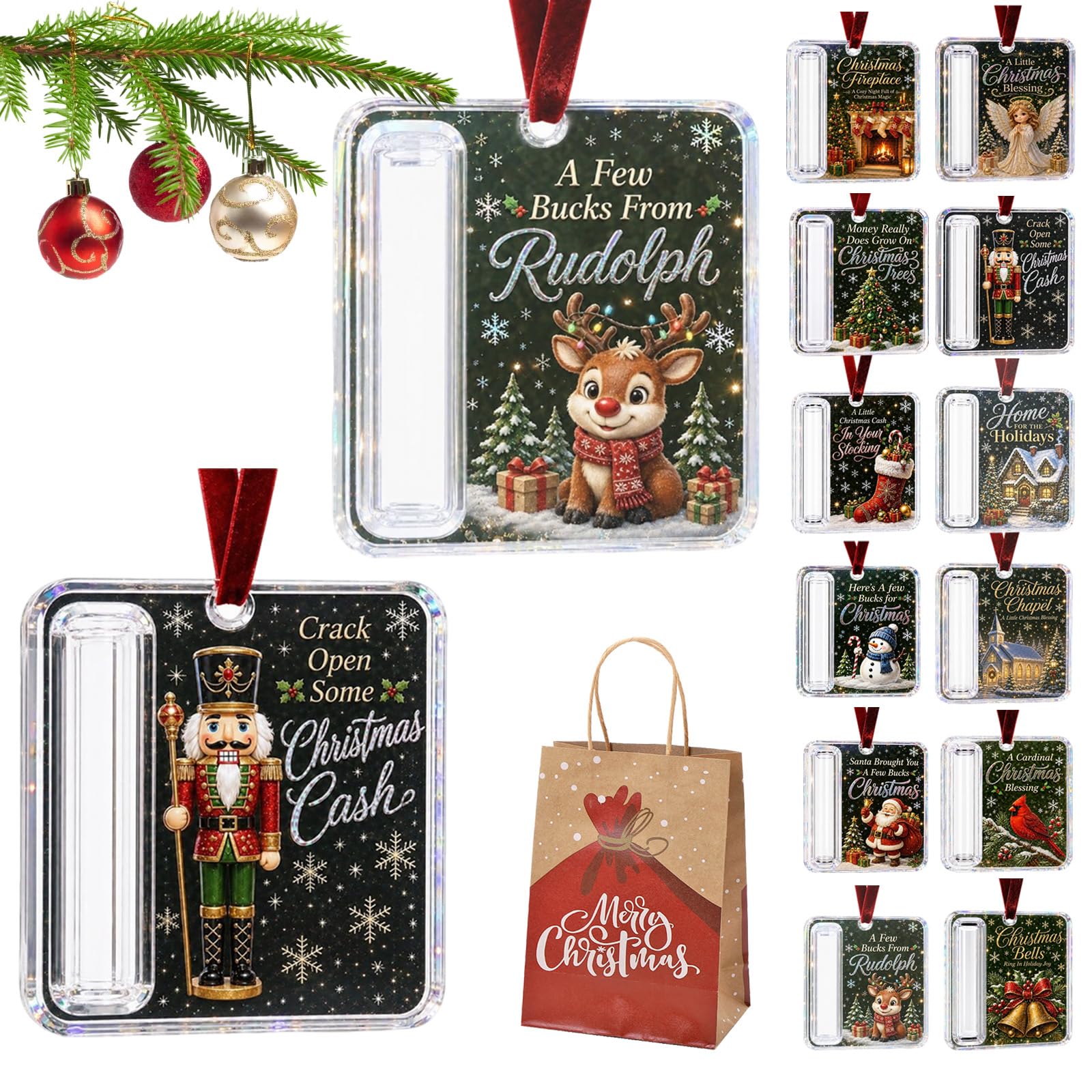 Christmas Cash Gift Holder Ornament, Christmas Money Holders for Cash Funny Hanging Xmas Tree Decoration, Unique Money Gift for Christmas Graduation Back To School (2PC-C)