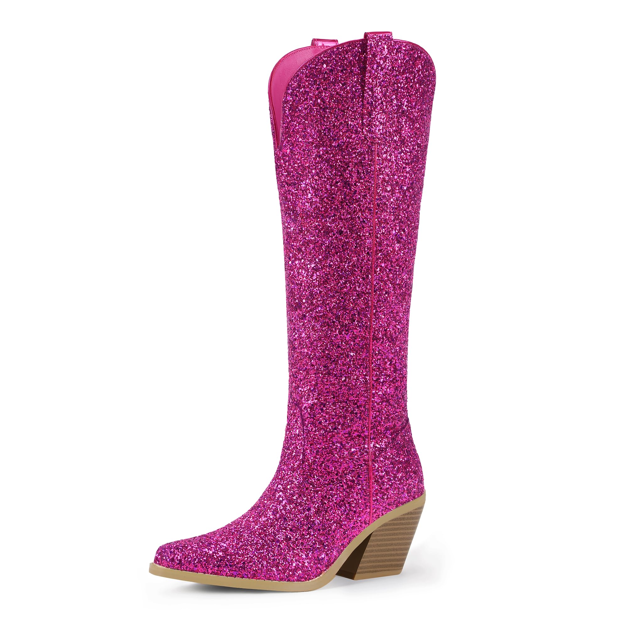 IDIFU IN3 Sparkly Cowboy Cowgirl Boots for Women Knee High Tall Long Glitter Dress Low Chunky Block Heel Sequin Sparkle Wedding Party Date Bride Ladies Bling Shiny Boots