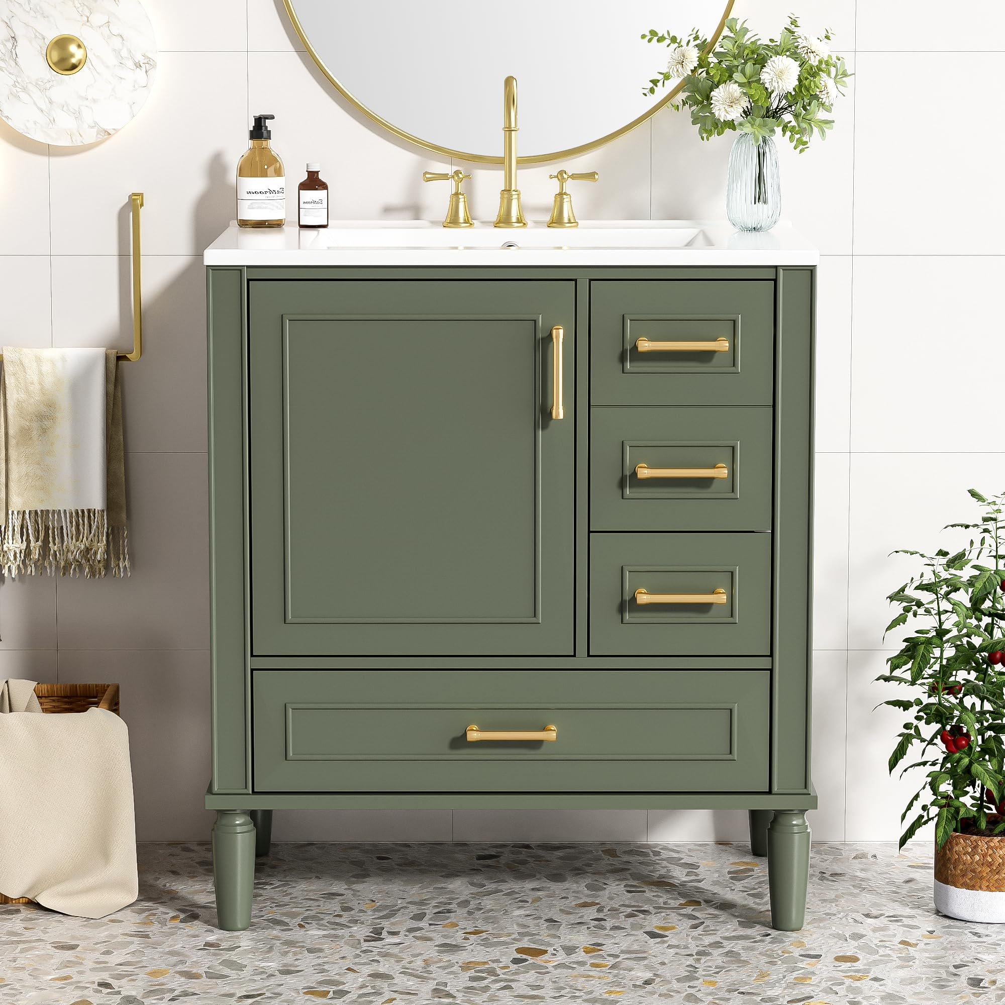 Photo 1 of ***FOR PARTS ONLY/ HAS DAMAGES( NON-MANUFACTURE MADE HOLES & SCUFFS)**** Merax 30" Bathroom Vanity with Ceramic Sink, 3 Drawers, Soft Close Doors and Long Gold Metal Handles, Olive Green Traditional Bathroom Sink Cabinet for Small Bathrooms, Floor Standin