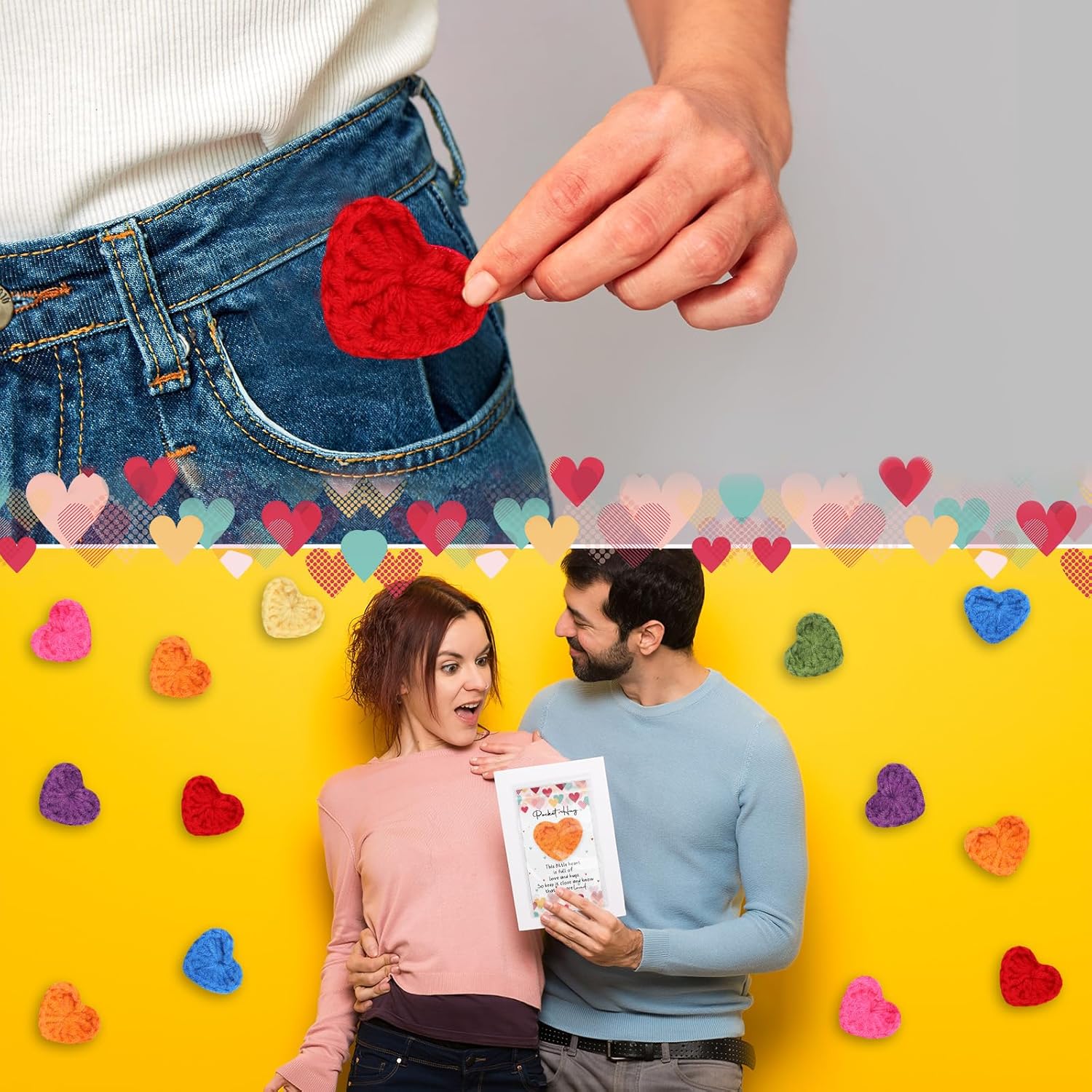 Mindsoft 210 Sets Emotional Cheer Support Gift Bulk Cute Hand Crocheted Pocket Hug Heart Inspirational Cards and Bags Party Favor for Preschool Toddler Boy Girls