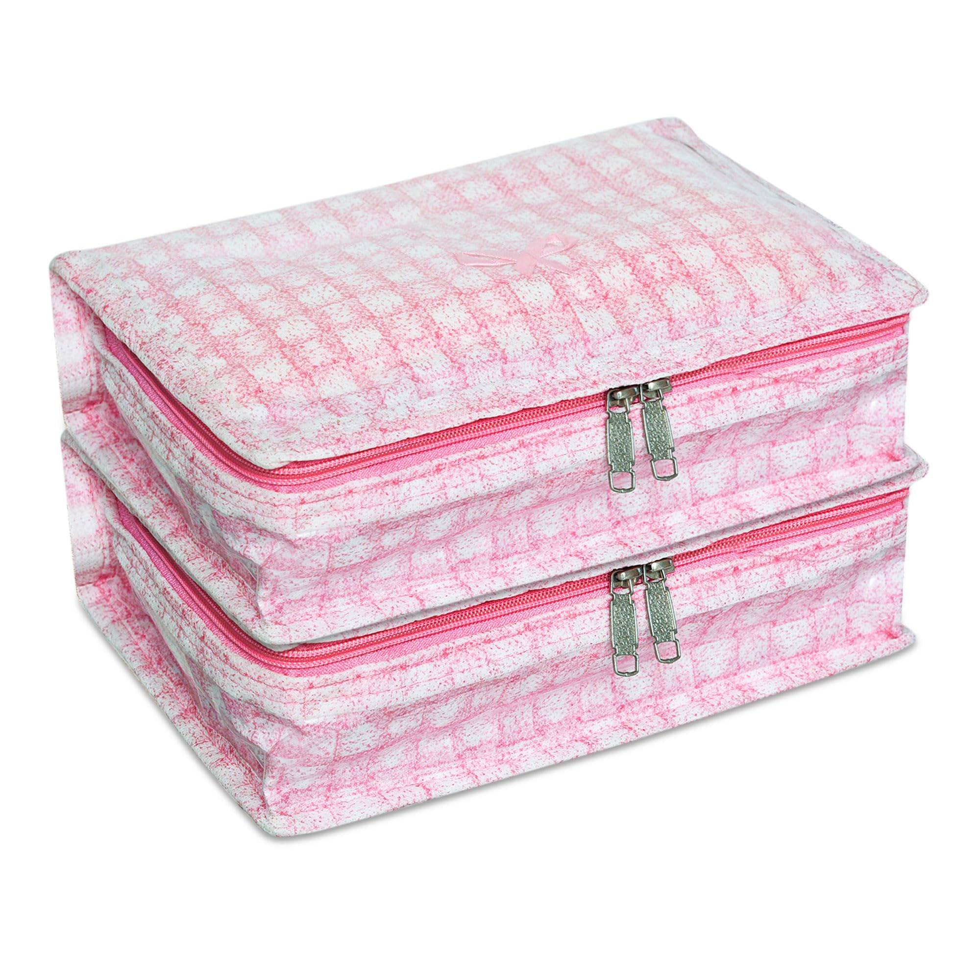 Makeup Storage Bag | Vanity Box for woman | Laminated Watch Organizer | Cosmetic Storage Kit | Makeup Kit with Handle | 6 Pouch Jewellery Storage Bag | Check-Design | Pack of 2 | Pink-image-23