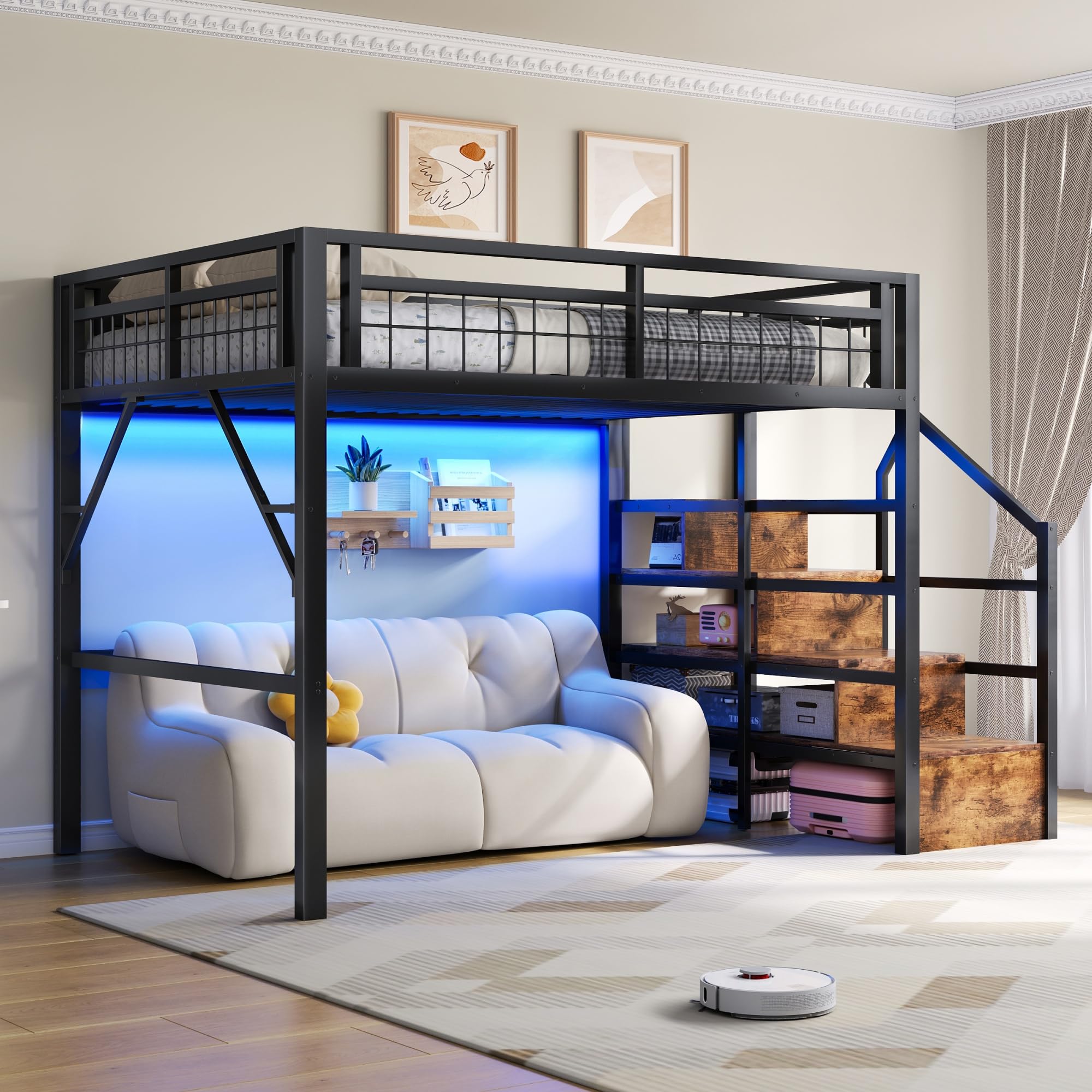 Letto a soppalco in metallo 140 x 200 cm, con luce LED, Letto matrimoniale a soppalco, spazio utilizzabile sotto il letto, scala di sicurezza con vano contenitore, Nero (materasso non incluso)