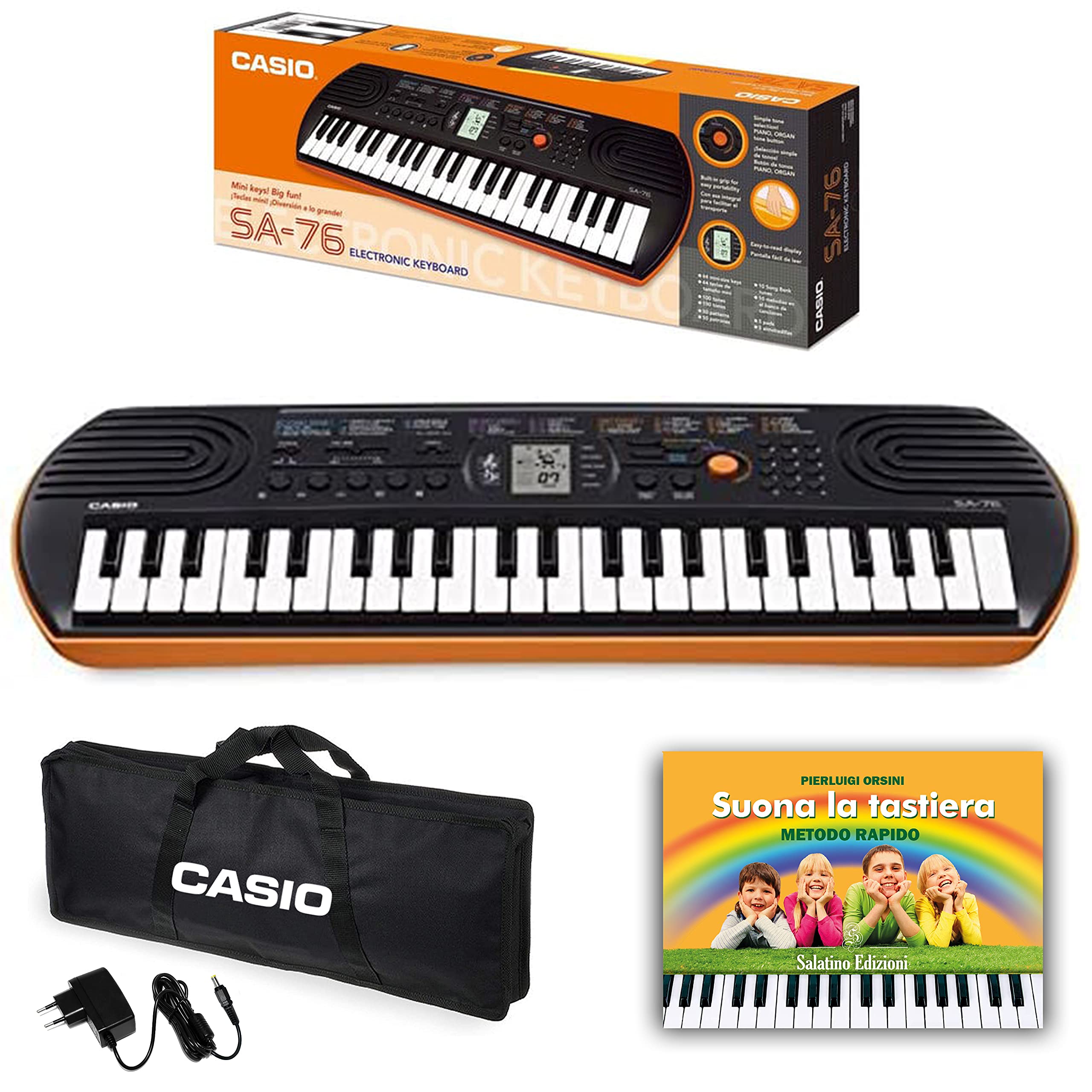 Kit Tastiera Casio SA76 (Fondo Arancione) con Alimentatore, Borsa CASIO Originale con la quale Trasportare il tuo Fantastico Strumento e E-book "Suona la Tastiera"