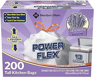 Members Mark 13 gal Power Flex, Leak Protection, Tall Kitchen Simple Fit Drawstring Bags (1-Pack, Lavender Scent)