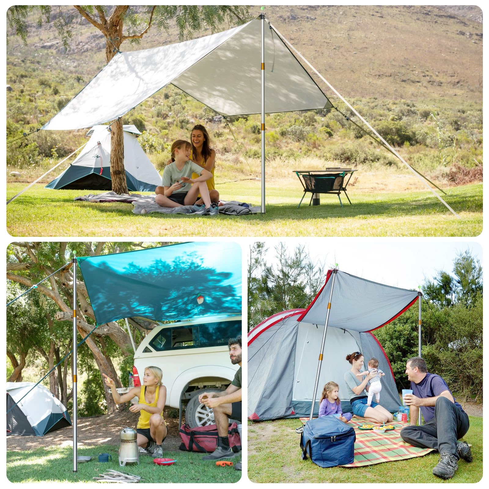 KOMCLUB 2 piquets Mât de Tente télescopique, Tente de Camping pour bâche, auvent, Porche, voiles de Soleil, bâche en Aluminium, télescopiques réglables