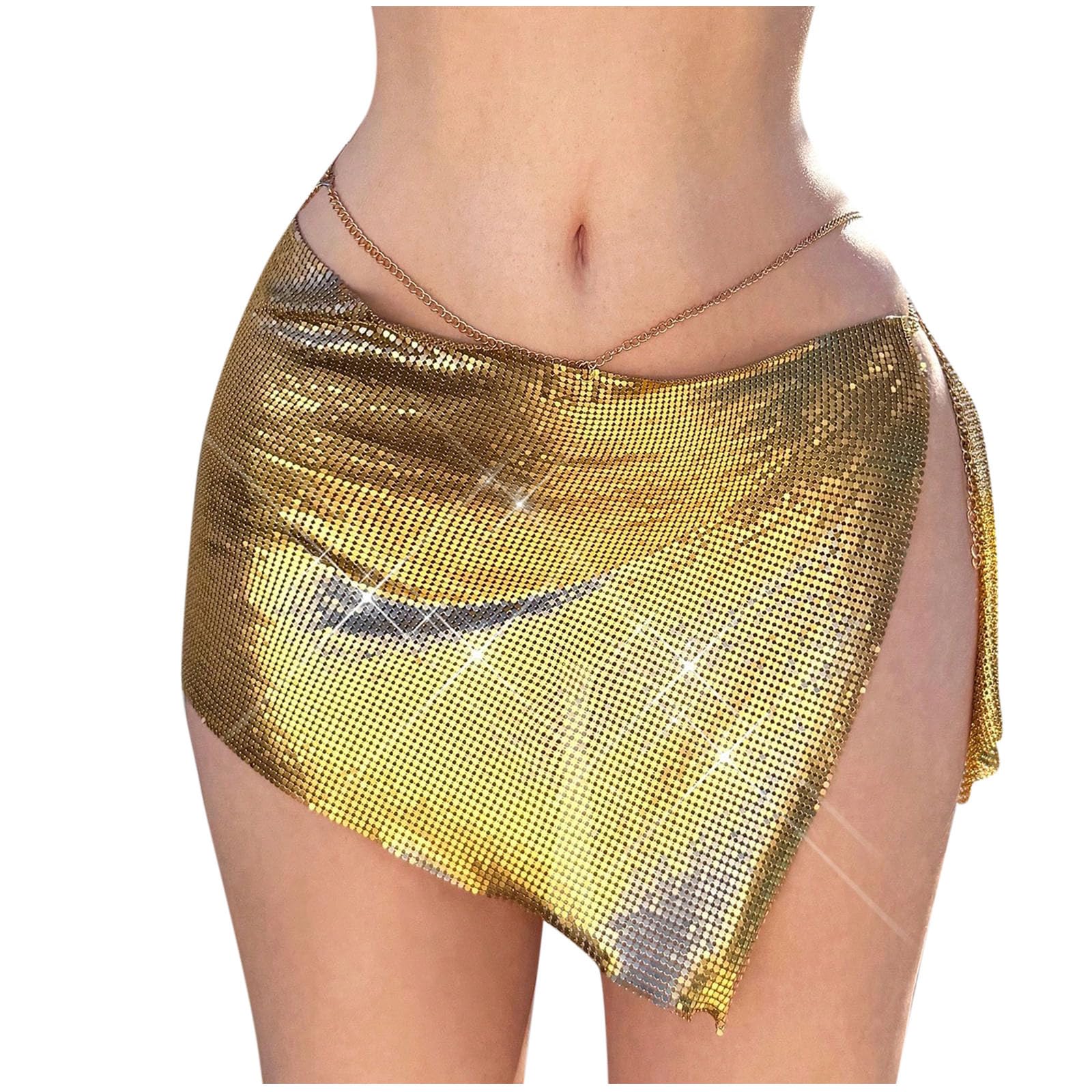 Womens Shiny Sequin Mini Skirt Low Waist Side Split Disco Party Skirts Metal Chains Waistband Bodycon Mini Skirts