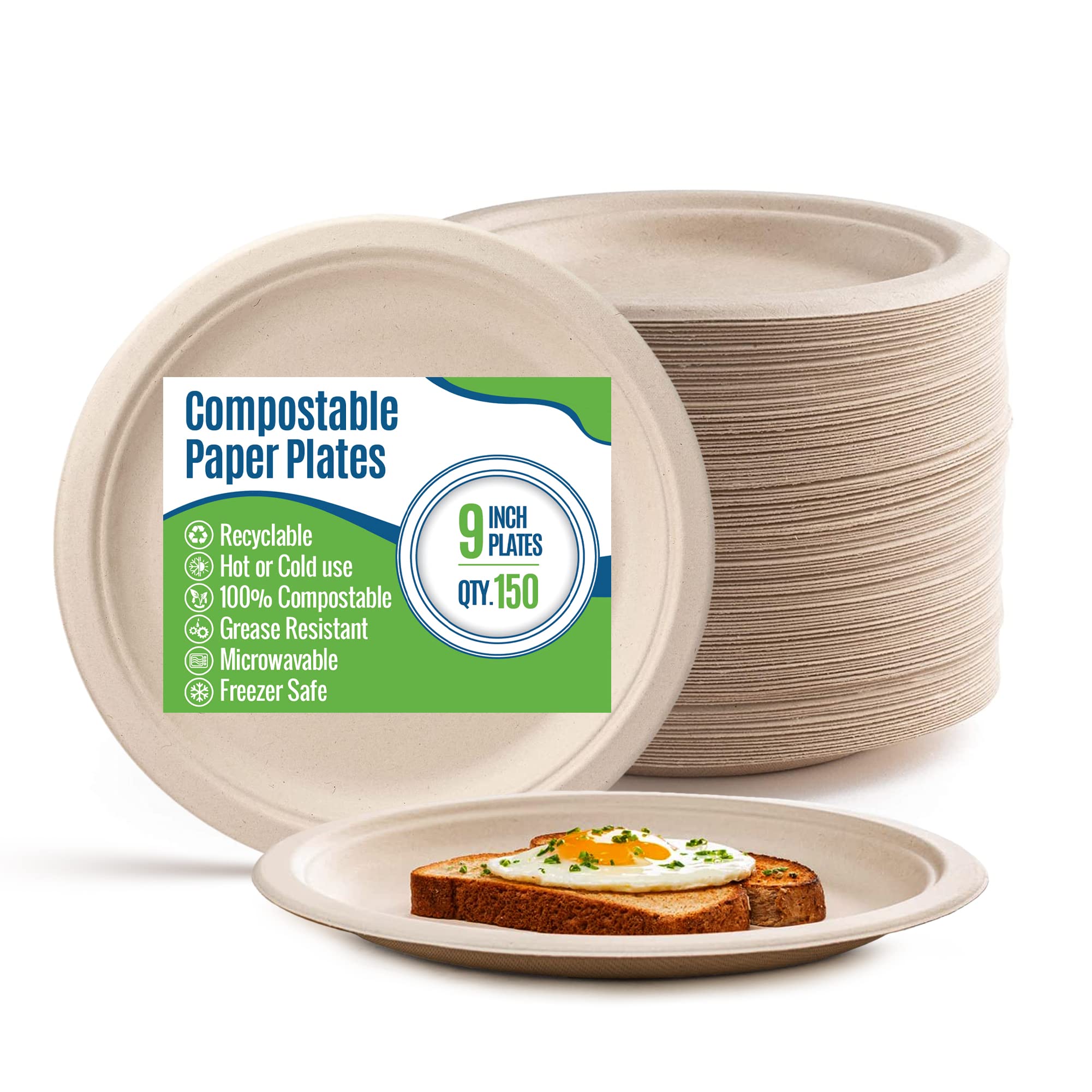 SafeWare Paper Plates 9 Inch [150 Count] Brown Heavy-Duty - Microwavable, Hot & Cold, Sturdy Grease Resistant, Eco-Friendly, Food Grade Sugar Cane