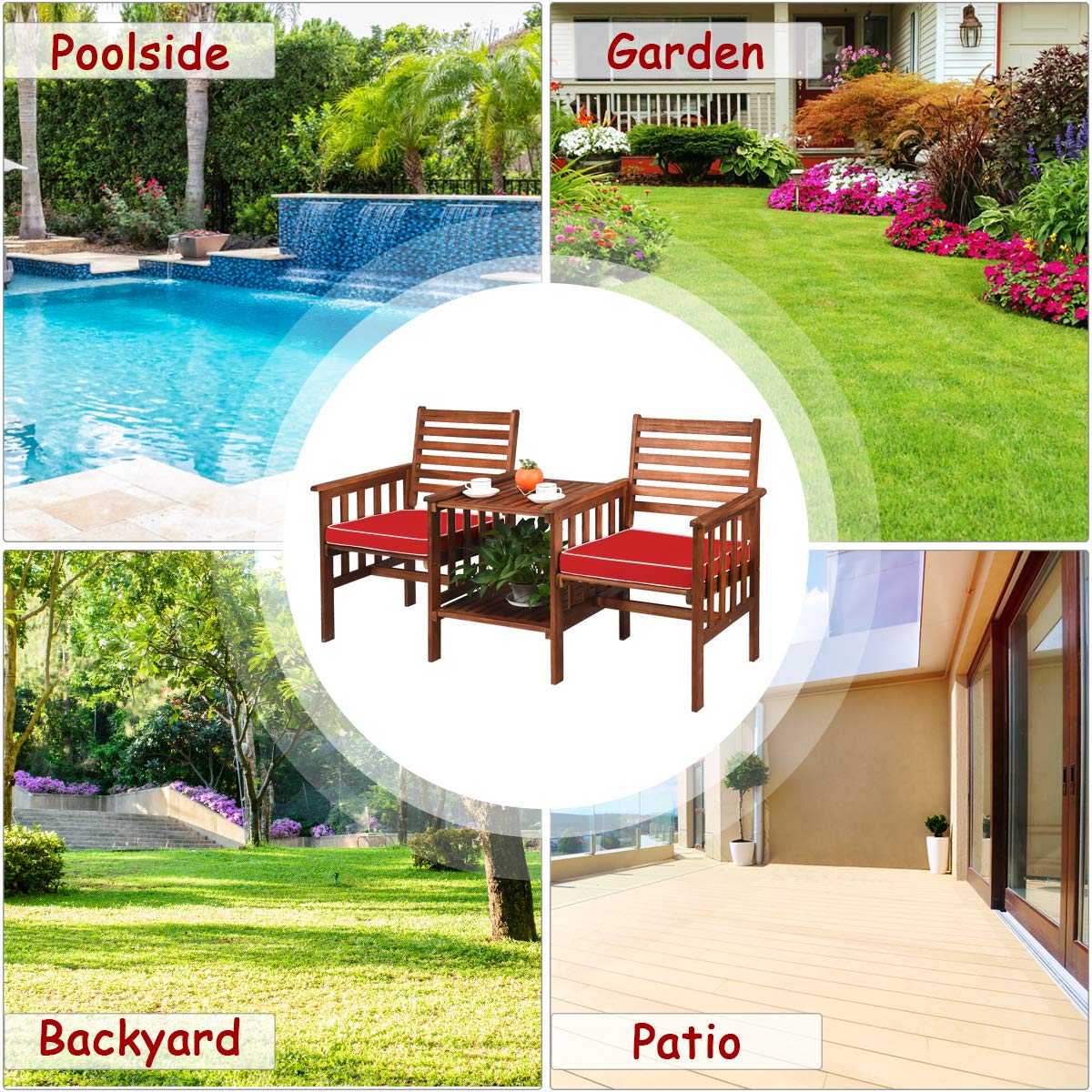 GIANTEX Gartenbank Holz mit Tisch, Holzbank Outdoor 2 Sitzer mit Kissen, Sitzbank Garten mit Schirmloch, Friesenbank Kinobank bis 350 kg belastbar, Terrassenbank für Balkon Terrasse 165 x 65 x 88 cm