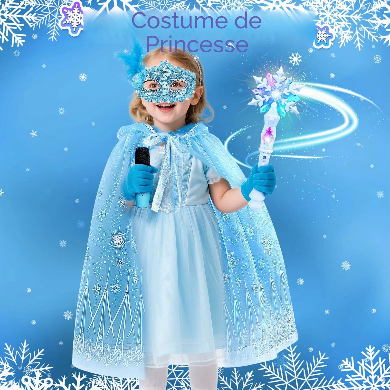 G.C Reine des Neiges Jouet Cadeau Fille 4 5 6 7 8 Ans, LED Micro Karaoke Enfants avec & Micro & Déguisement Accessoires & Baguette Magique, Cadeau pour Enfant Fille