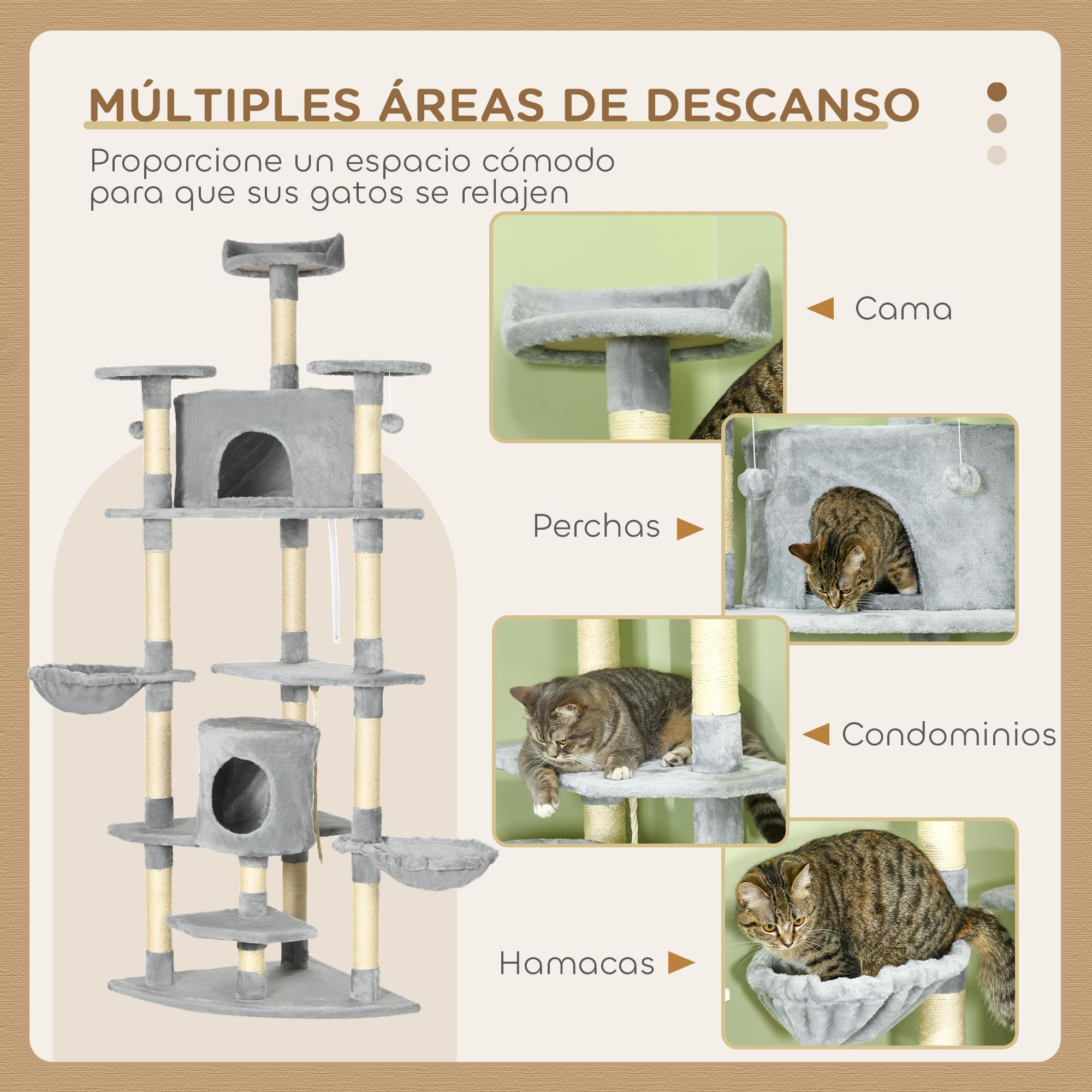 PawHut Árbol Rascador para Gatos Altura 200 cm Torre 60x60x200 cm Gris | Torre para Gatos, 2 Cuevas, 2 Hamacas, Cama, Múltiples Plataformas, Postes de Sisal, Bolas de Juguete