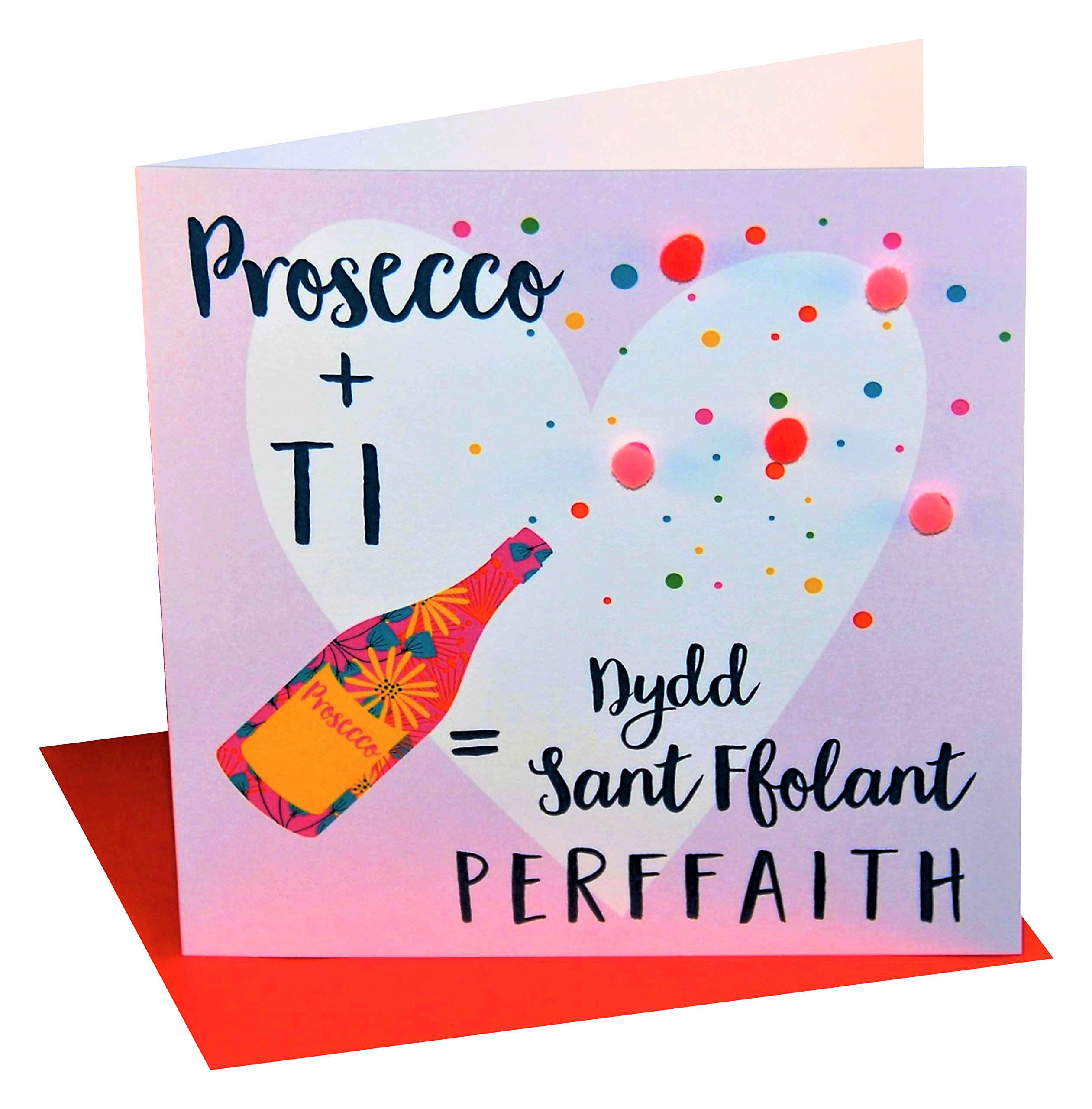 Pom Pom WVPO007 Prosecco Welsh Valentine's Day Card, Dydd Sant Ffolant