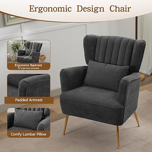 Miniatura 4 de Sillas de sala de estar, sillón de felpilla con almohada lumbar y pata dorada, cojín de 8.5 pulgadas de grosor, modernas de mediados de siglo,