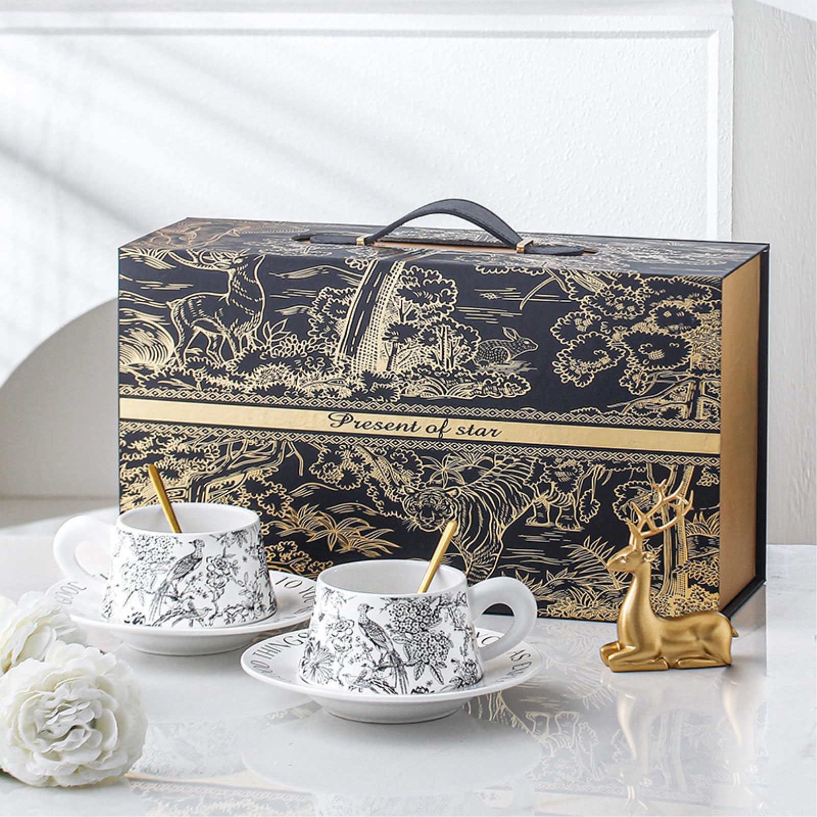 Ceramiczny zestaw filiżanek do kawy i spodków, 280 ml, wzór kwiatowy i ptaków, styl retro, zestaw 2 szt., z pudełkiem prezentowym