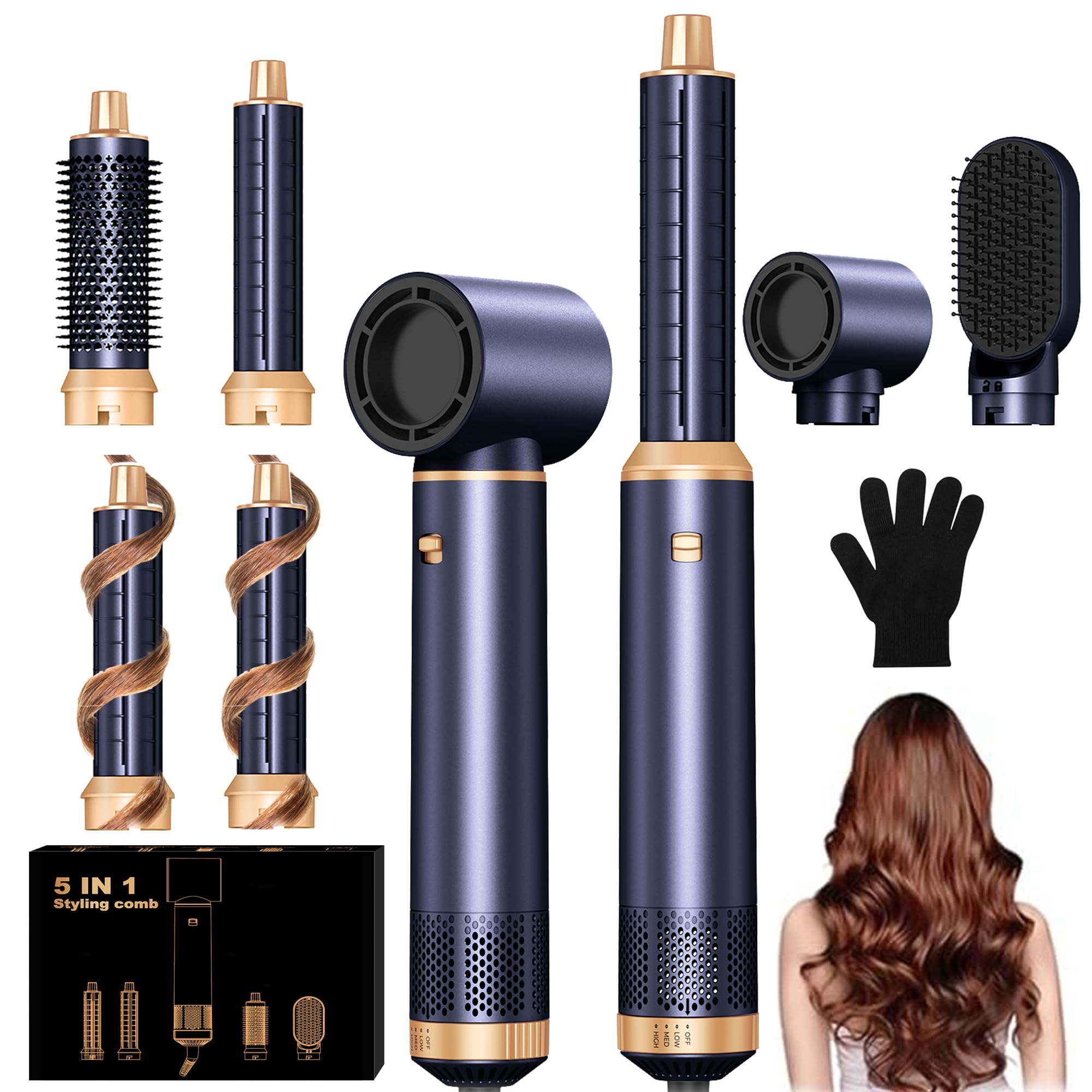 UKLISS Spazzola Asciugacapelli & Hair Styler 5 in 1, Airstyler con Arricciacapelli Automatico, Hair Dryer, Spazzola ad Aria Calda, Spazzola Lisciante Capelli per Ricci, Volumizzante, Lisciante - Blu