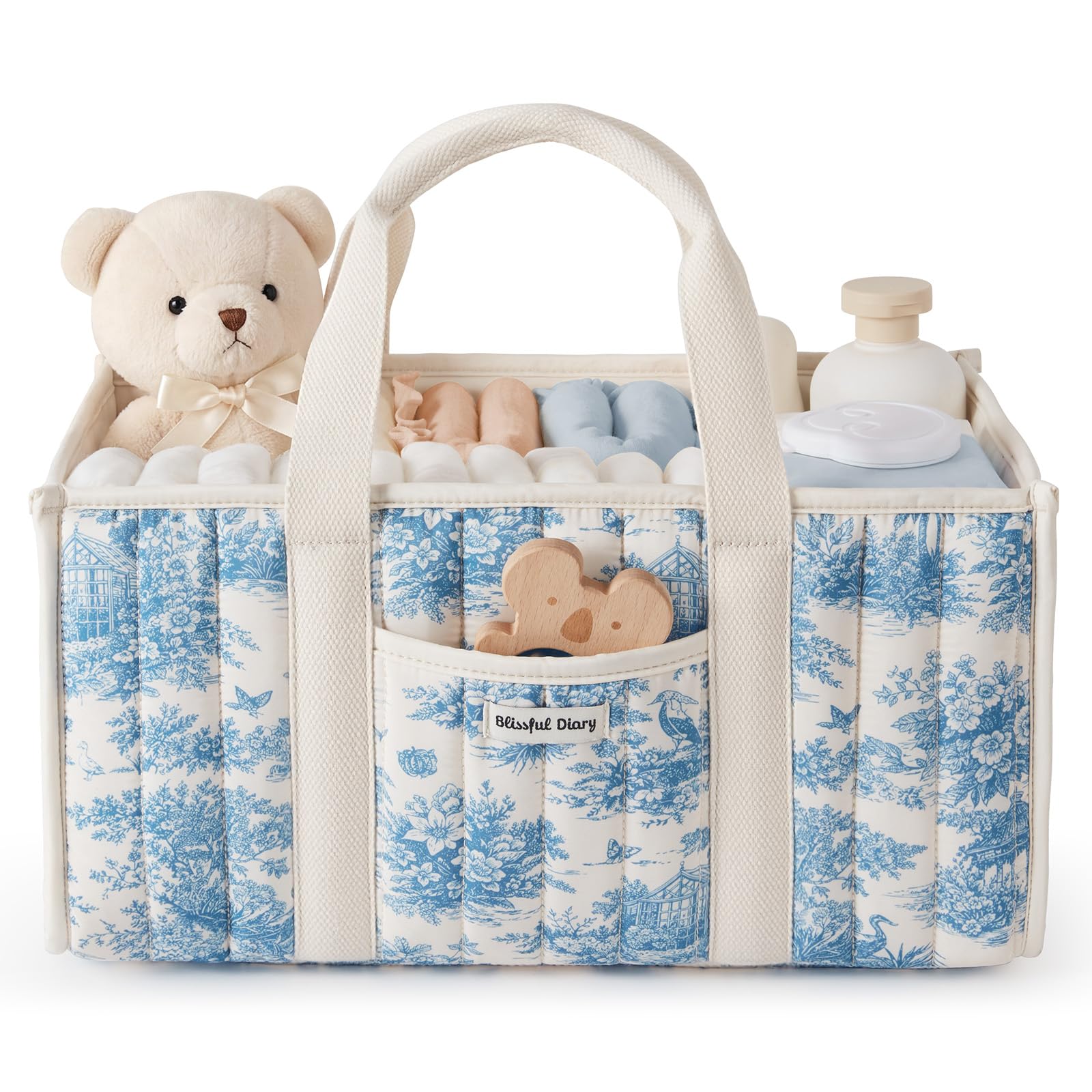Blissful Diary Toile Diaper Caddy Organizer, Baby Diaper Basket, Blue Toile | French Vintage Toile Nursery Storage Basket, Gift for Baby Shower, Newborn Boy & Girl Essentials, Registry Search Must Haves