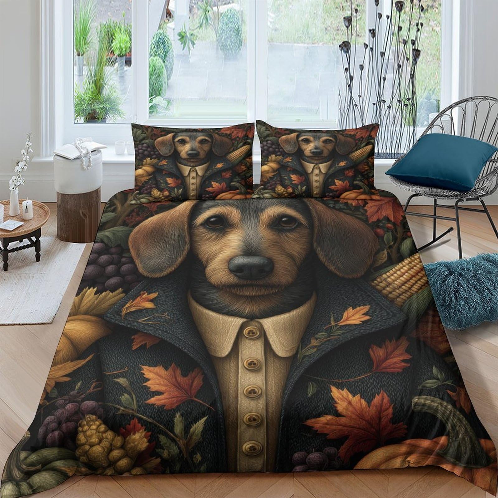 Ctjqhvkz Style-5 3D Printed Autumn Dachshund Fitted Sheet Microfiber Anti-Slip Floral Bed Cover For Bedroom Guest Room Decor Easy Care Single（135X200cm）