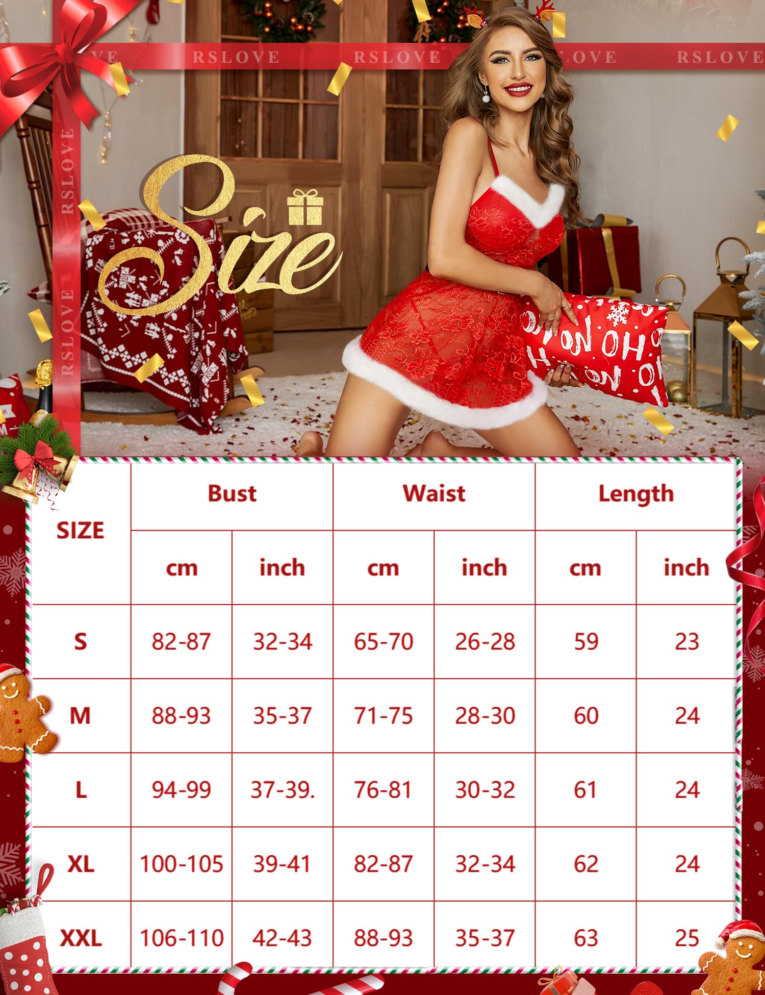 RSLOVE Sukienka bożonarodzeniowa dla kobiet, koronkowa Babydoll Sexy Santa Chemise sukienka miś, Czerwony, M
