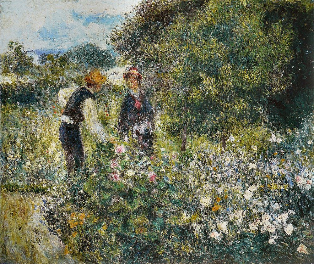 Renoir La Cueillette des Fleurs grand tableau avec cadre marron pour salon chaleureux