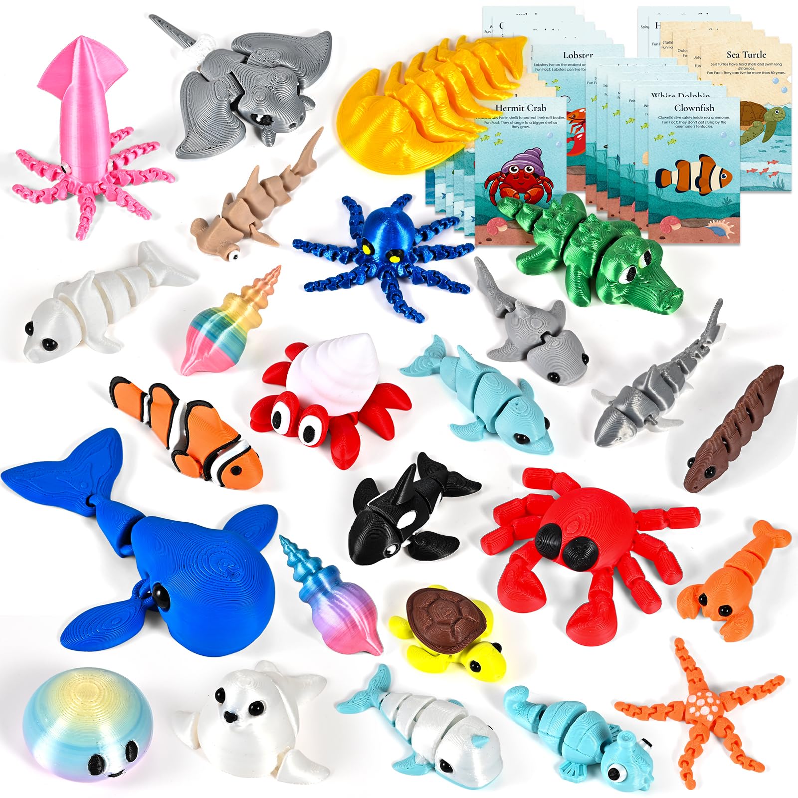 Photo 1 of Goldge 25PCS 3D Printed Ocean Animals with 25 Learning Cards, 3-4" Articulated 3D Printed Fidget Animals Bulk, Flexible 3D Printed Animals, 3D Shark, Octopus & Sea Creatures Toys